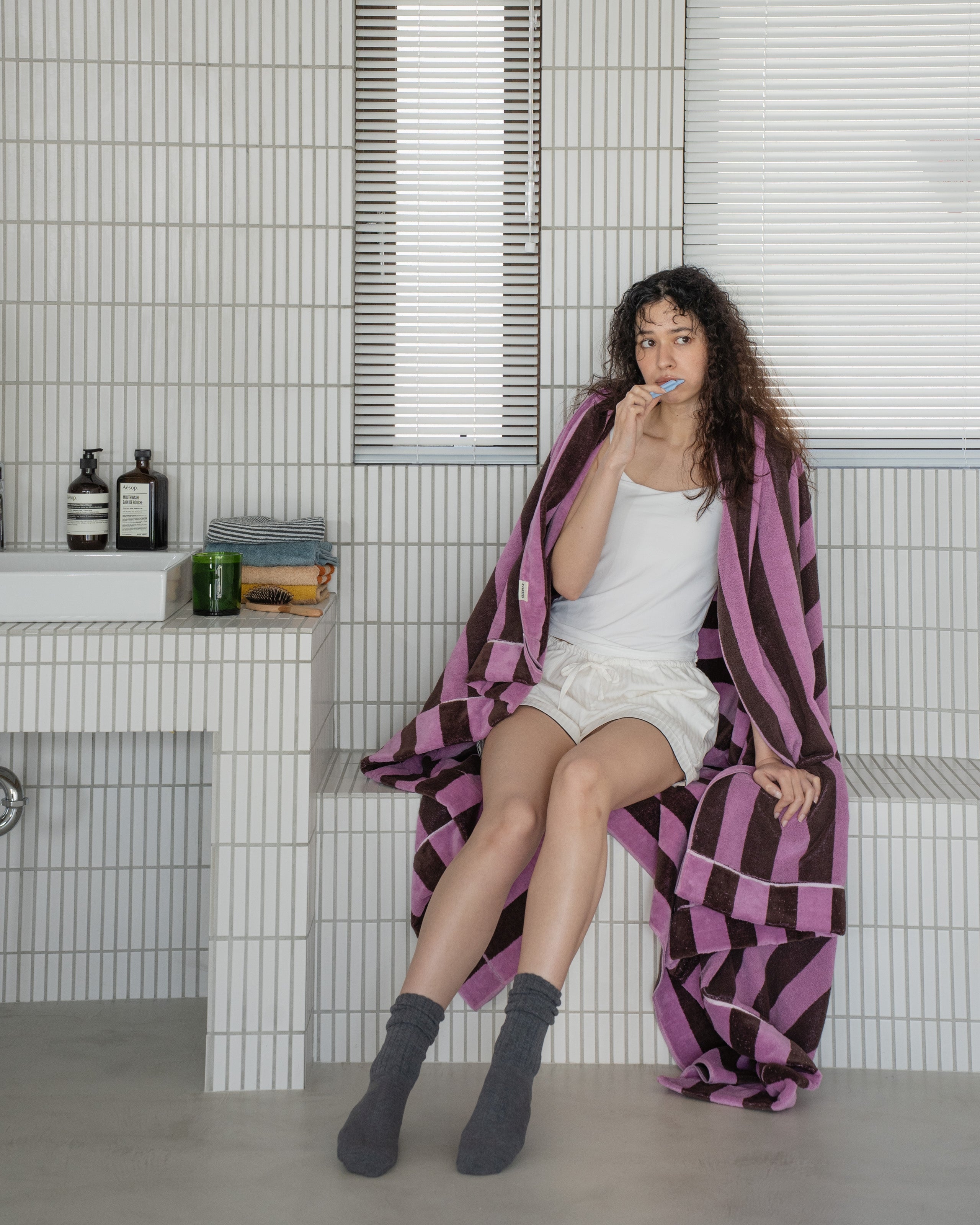 Imabari Towel Stripe Blanket Orchid Pink and Coffee Brown Stripes