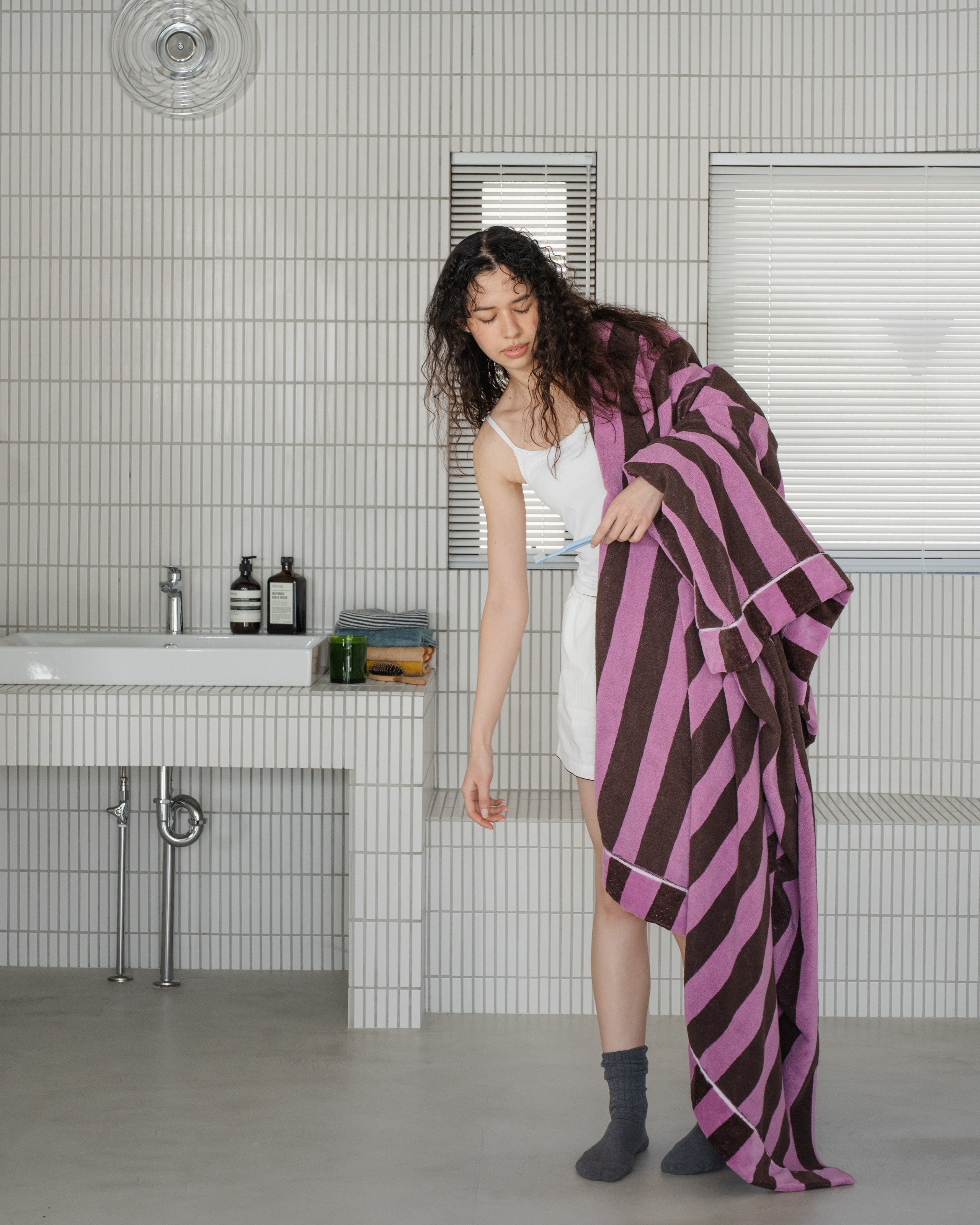 Imabari Towel Stripe Blanket Orchid Pink and Coffee Brown Stripes