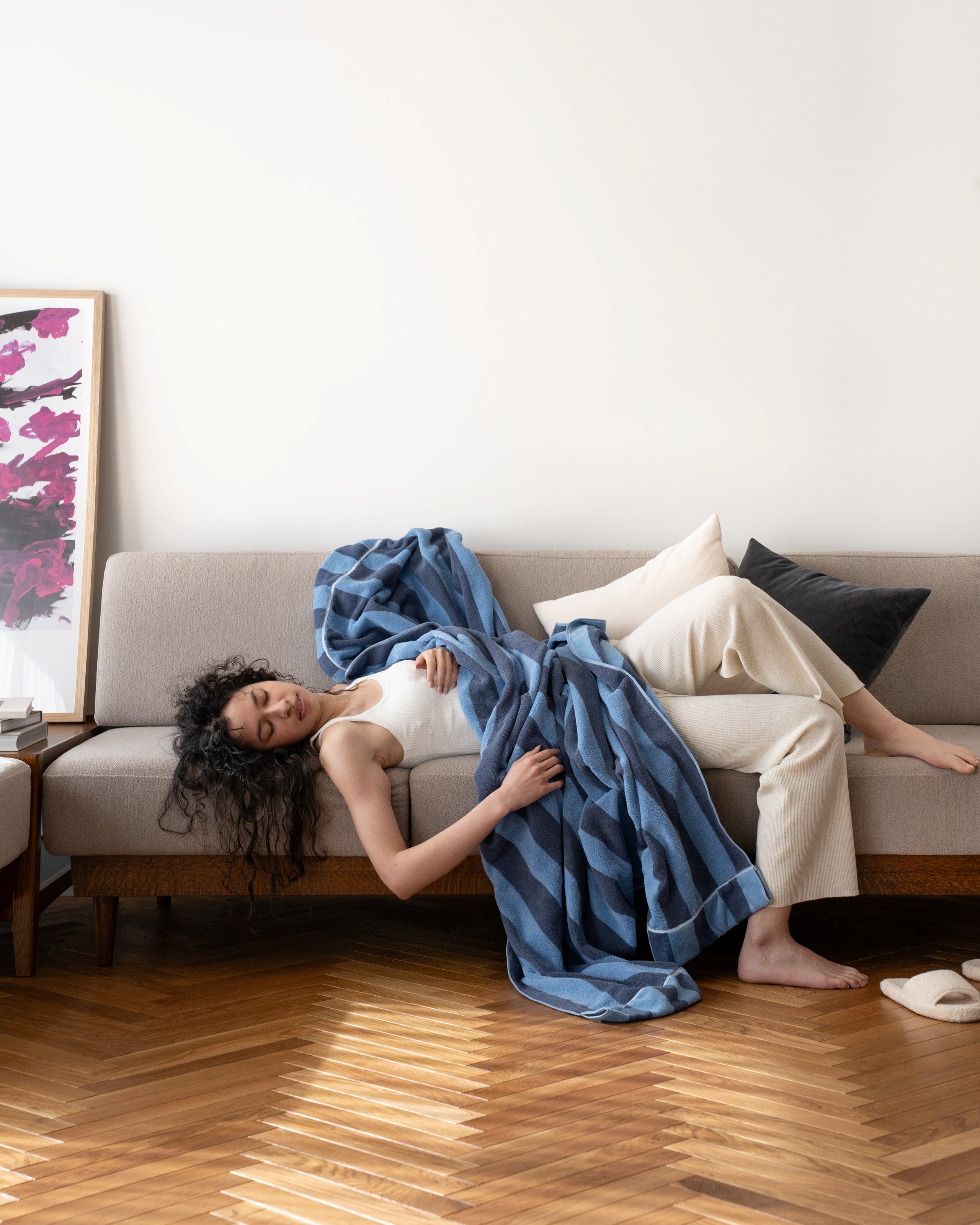 Imabari Towel Stripe Blanket Aqua Blue and Midnight Blue Stripes