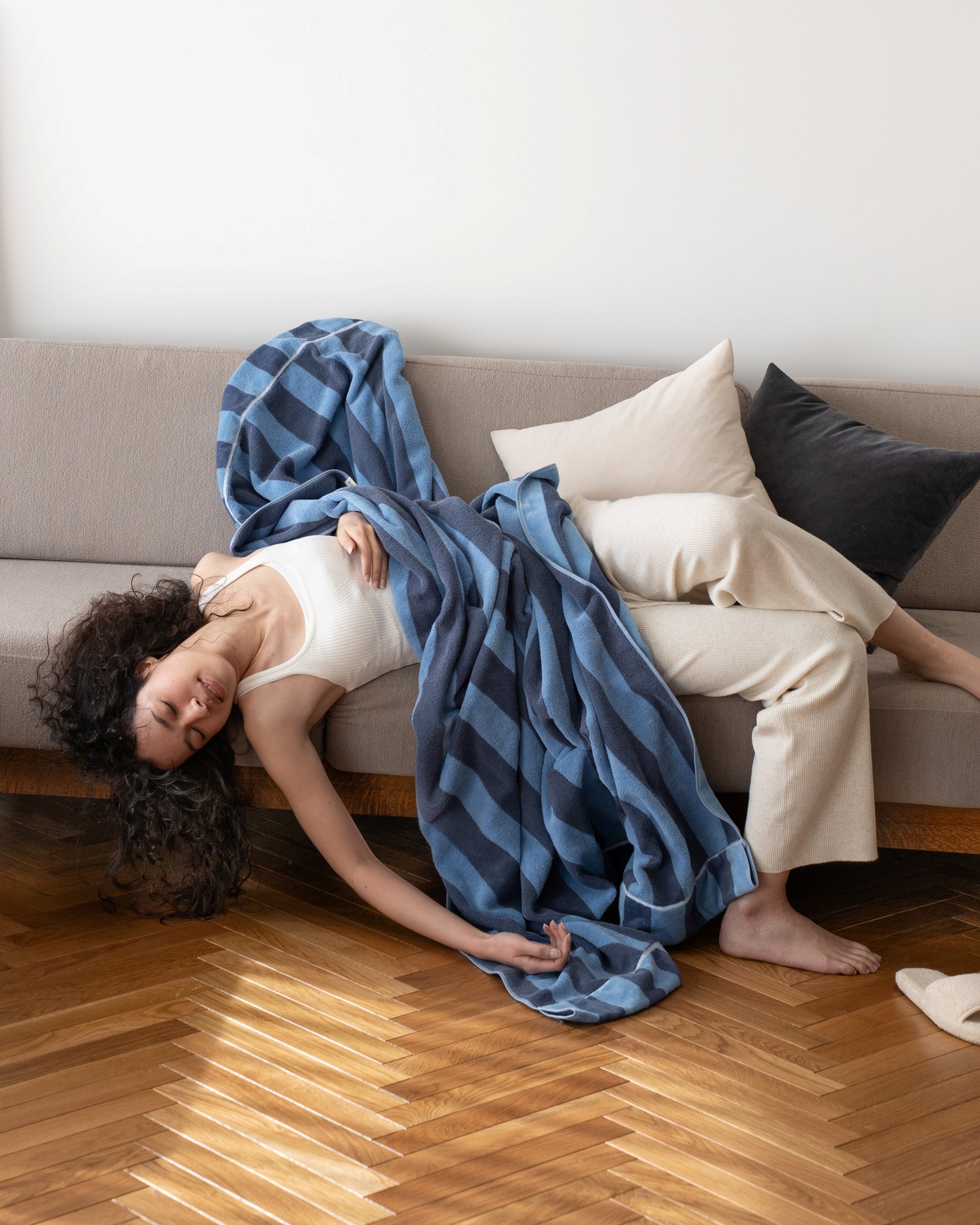 Imabari Towel Stripe Blanket Aqua Blue and Midnight Blue Stripes