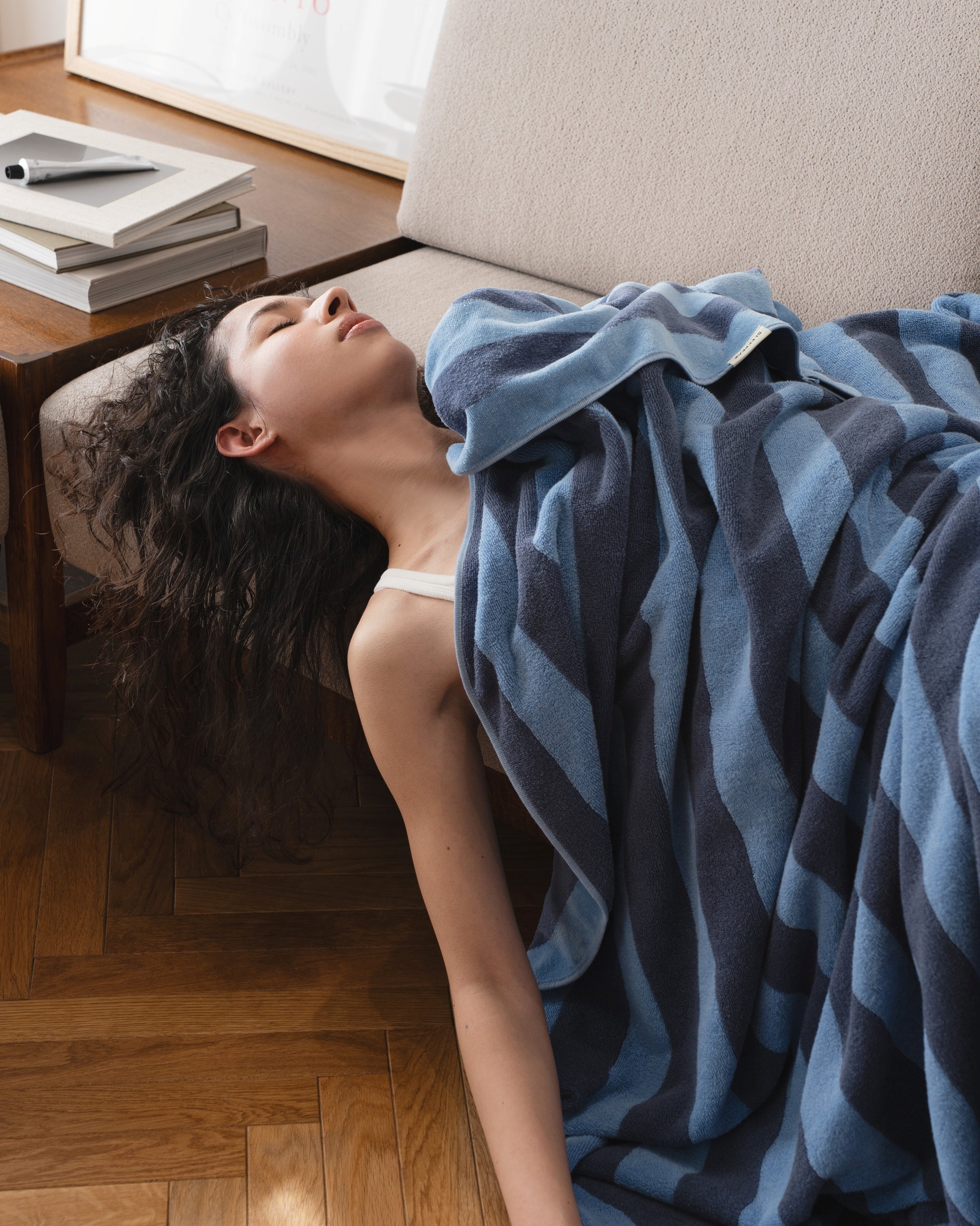 Imabari Towel Stripe Blanket Aqua Blue and Midnight Blue Stripes