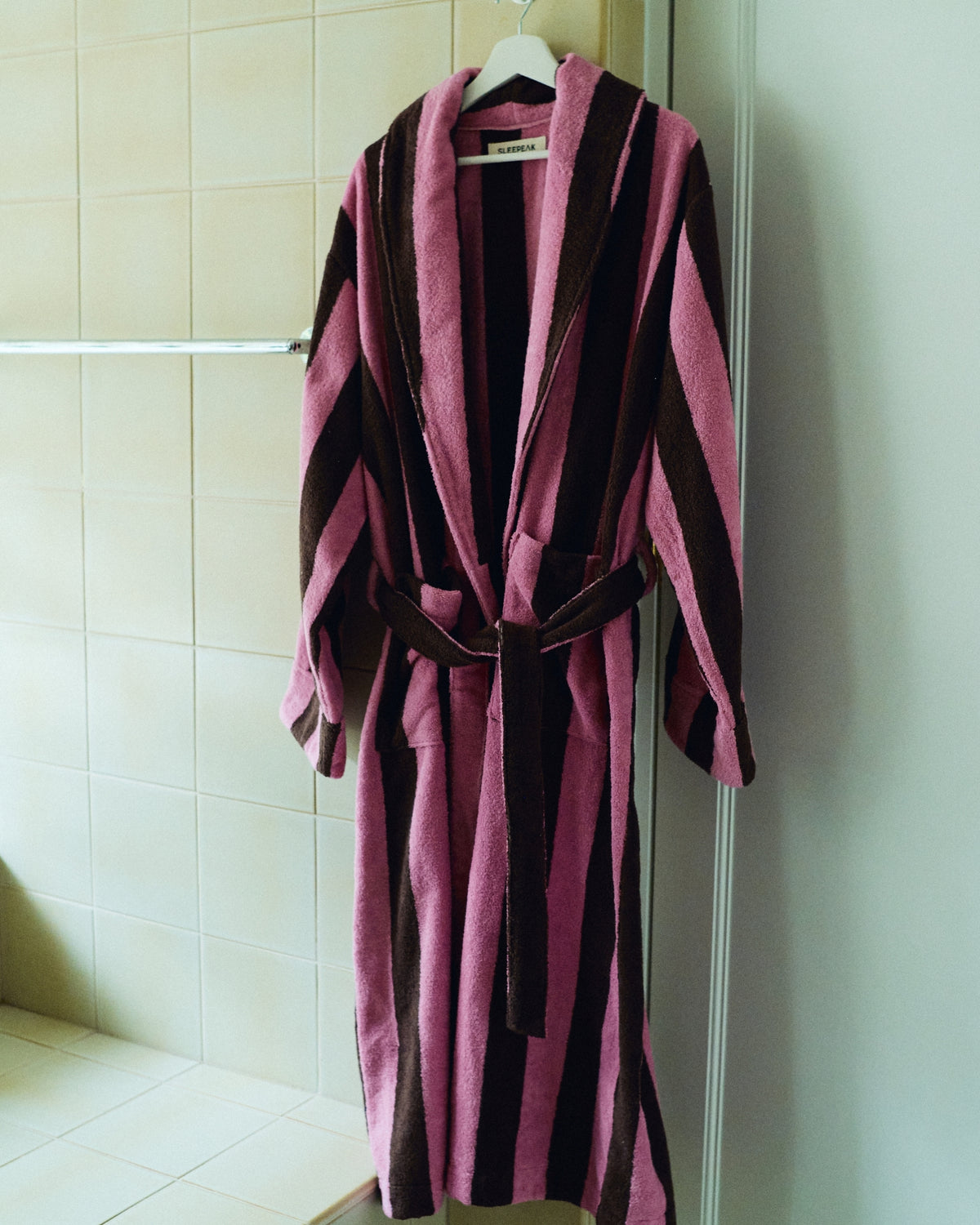 Imabari Towel Bathrobe Orchid Pink and Coffee Brown Stripes