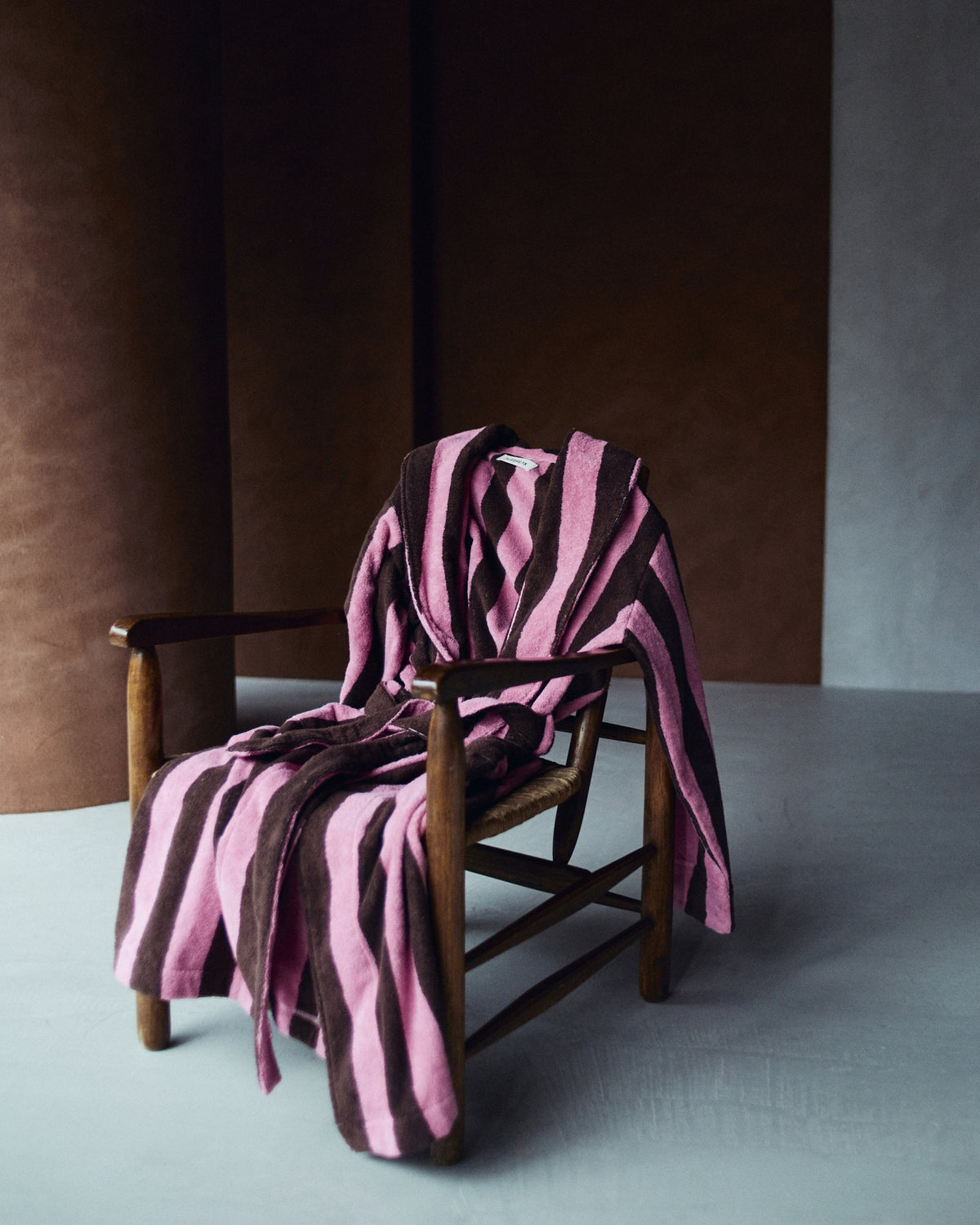 Imabari Towel Bathrobe Orchid Pink and Coffee Brown Stripes