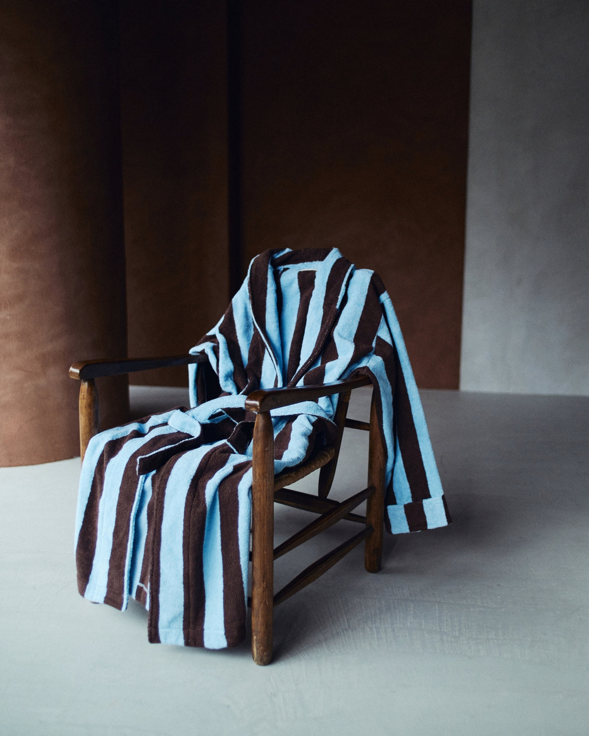 Imabari Towel Bathrobe Deep Sax Blue and Coffee Brown Stripes