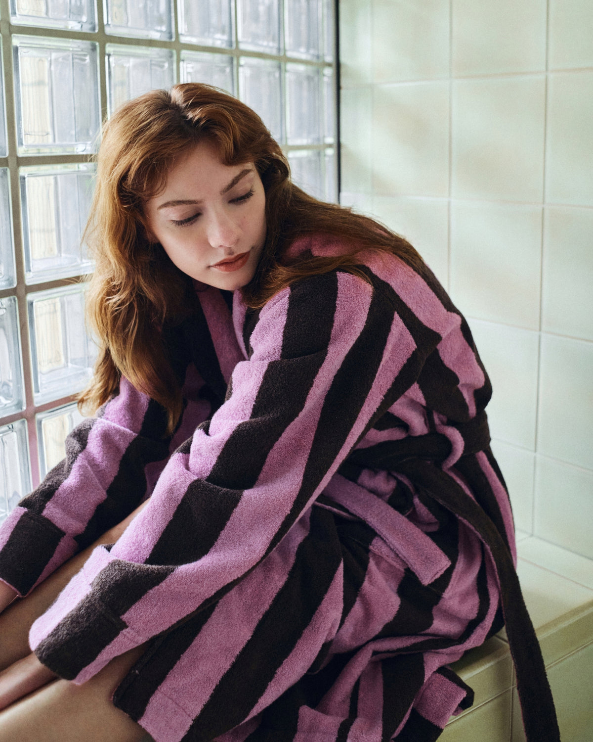 Imabari Towel Bathrobe Orchid Pink and Coffee Brown Stripes
