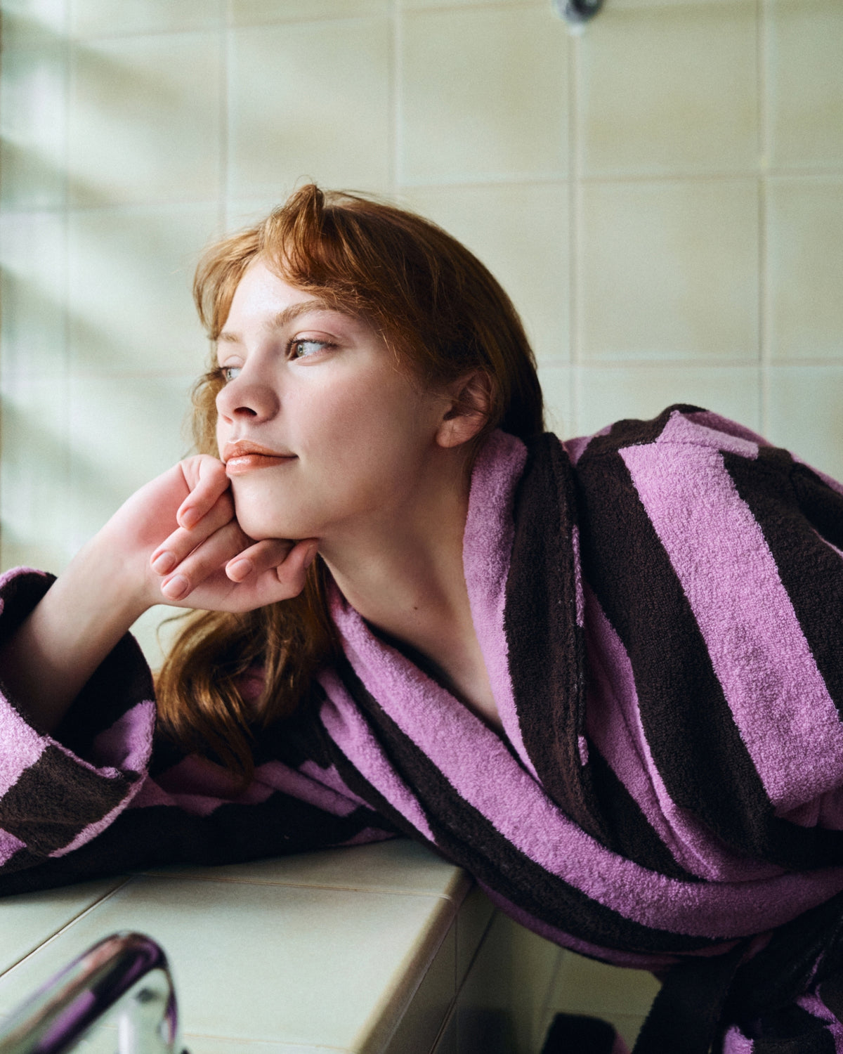 Imabari Towel Bathrobe Orchid Pink and Coffee Brown Stripes