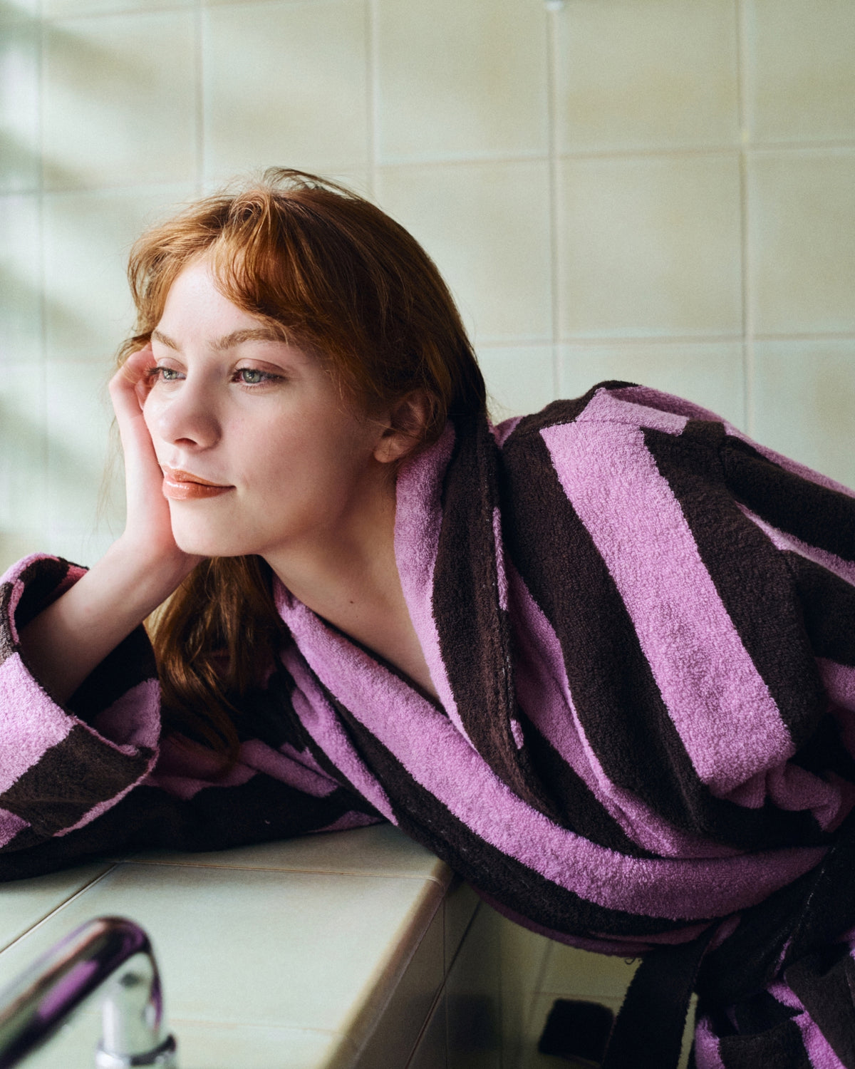 Imabari Towel Bathrobe Orchid Pink and Coffee Brown Stripes
