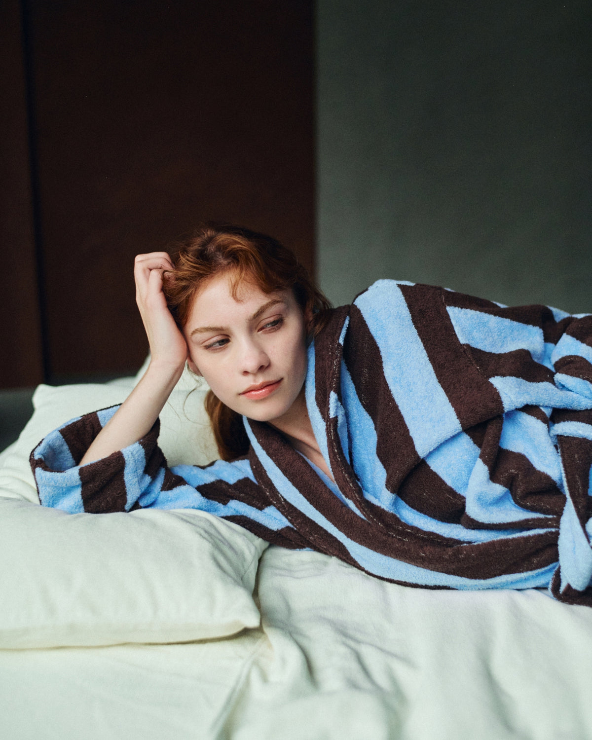 Imabari Towel Bathrobe Deep Sax Blue and Coffee Brown Stripes