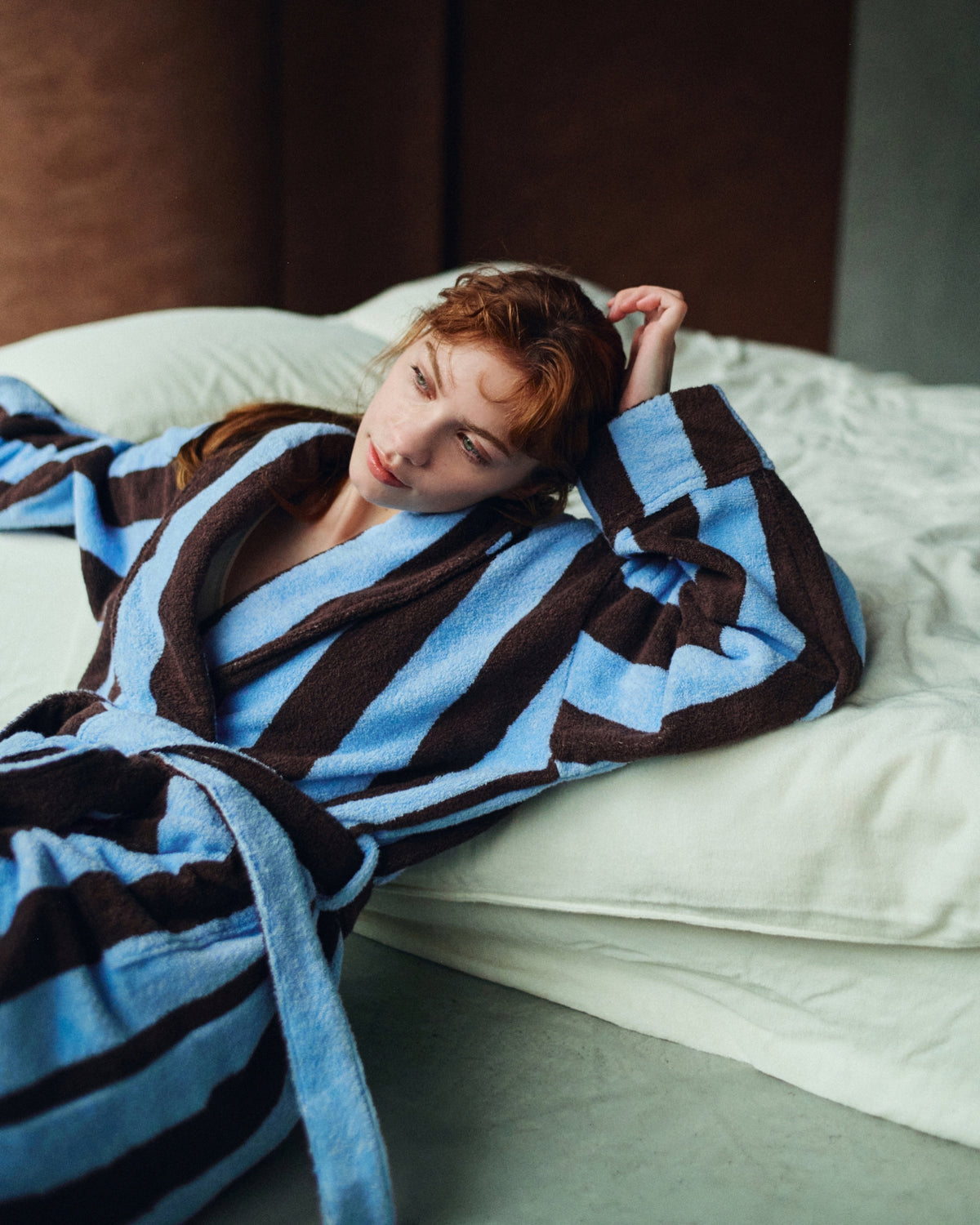 Imabari Towel Bathrobe Deep Sax Blue and Coffee Brown Stripes