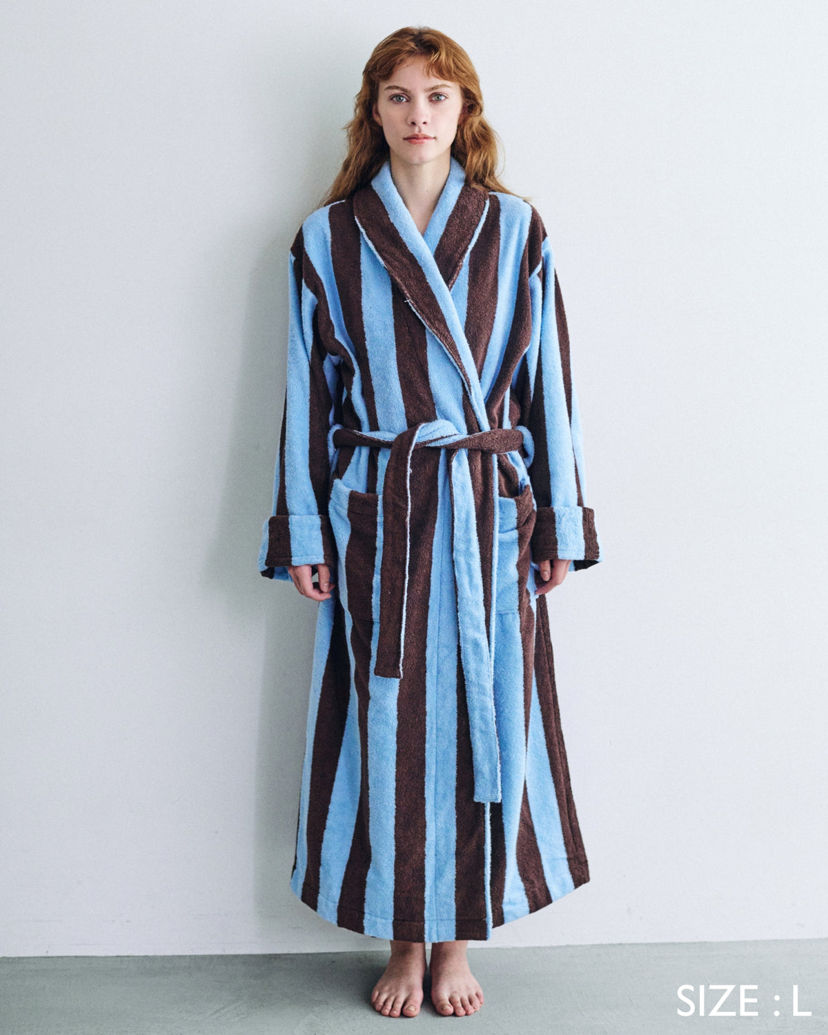 Imabari Towel Bathrobe Deep Sax Blue and Coffee Brown Stripes