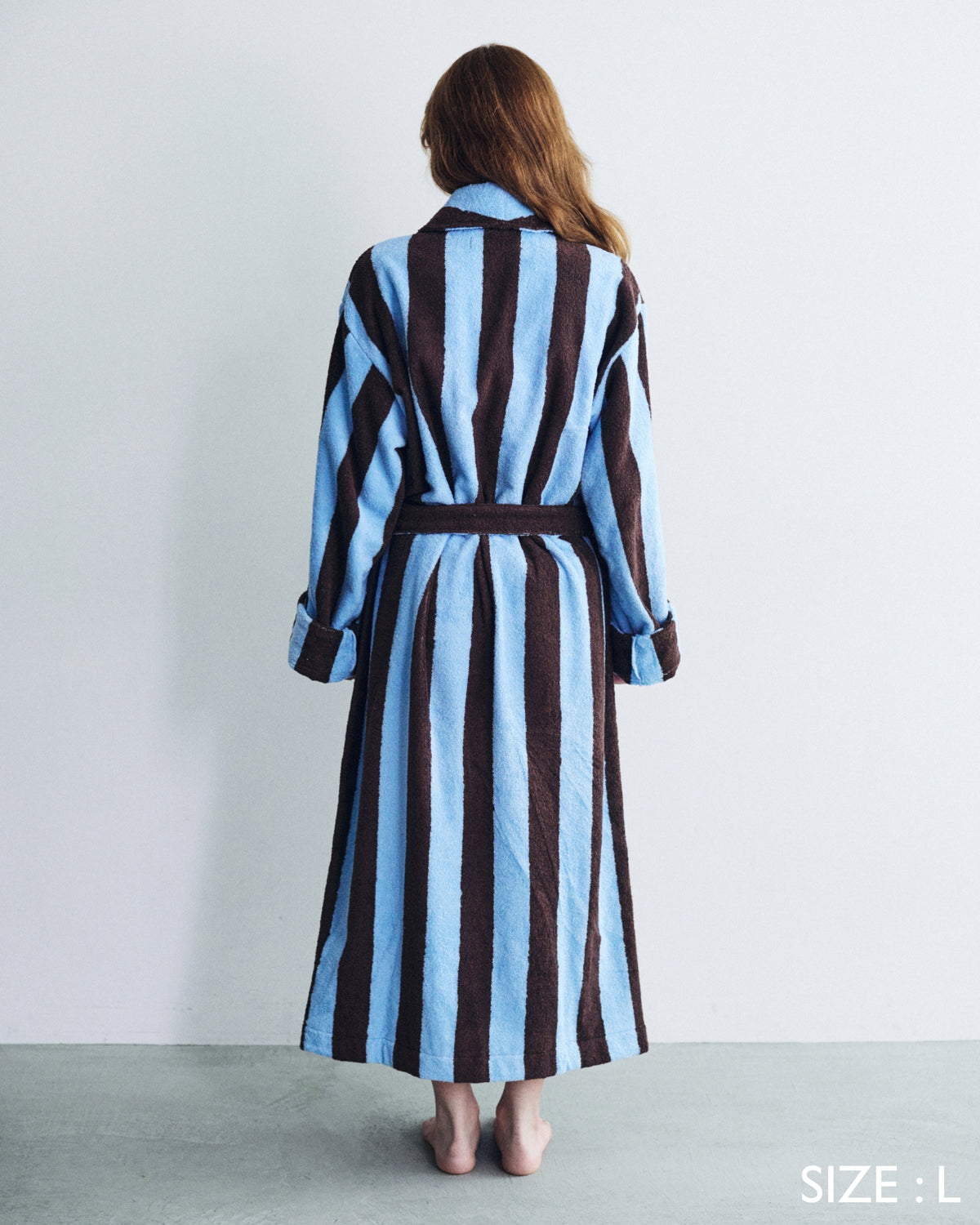 Imabari Towel Bathrobe Deep Sax Blue and Coffee Brown Stripes
