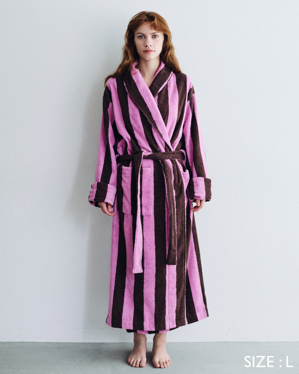 Imabari Towel Bathrobe Orchid Pink and Coffee Brown Stripes