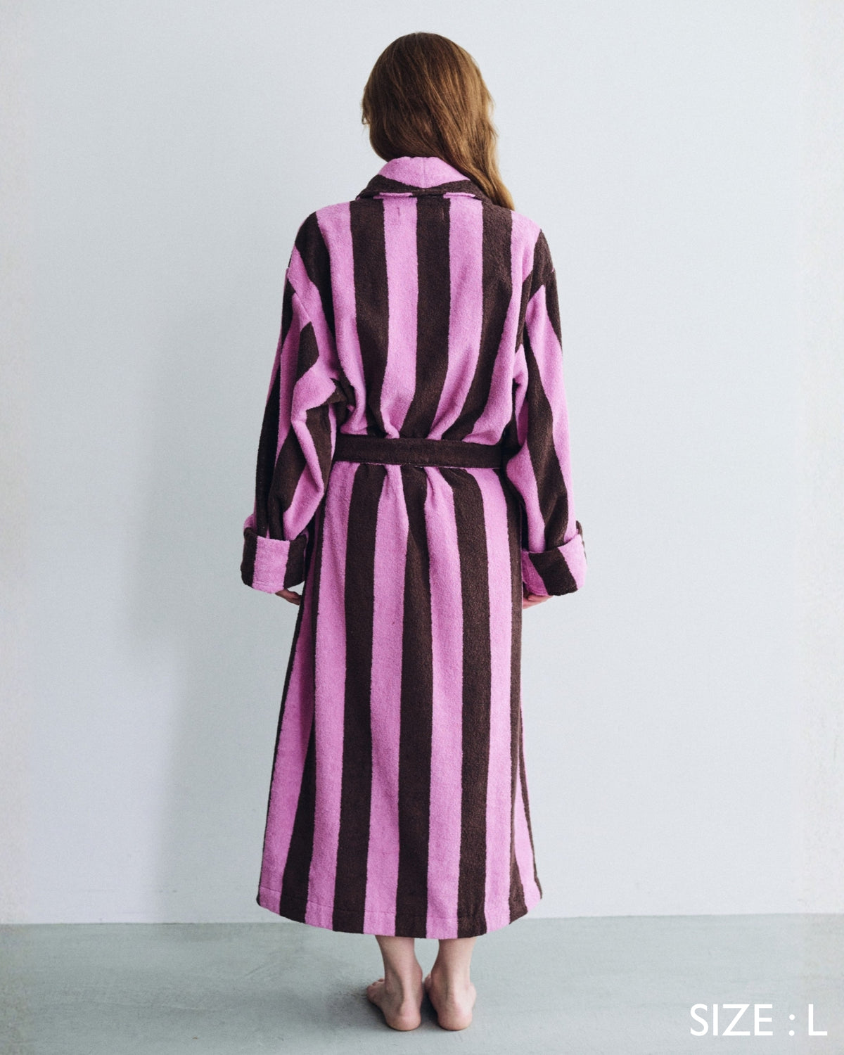 Imabari Towel Bathrobe Orchid Pink and Coffee Brown Stripes