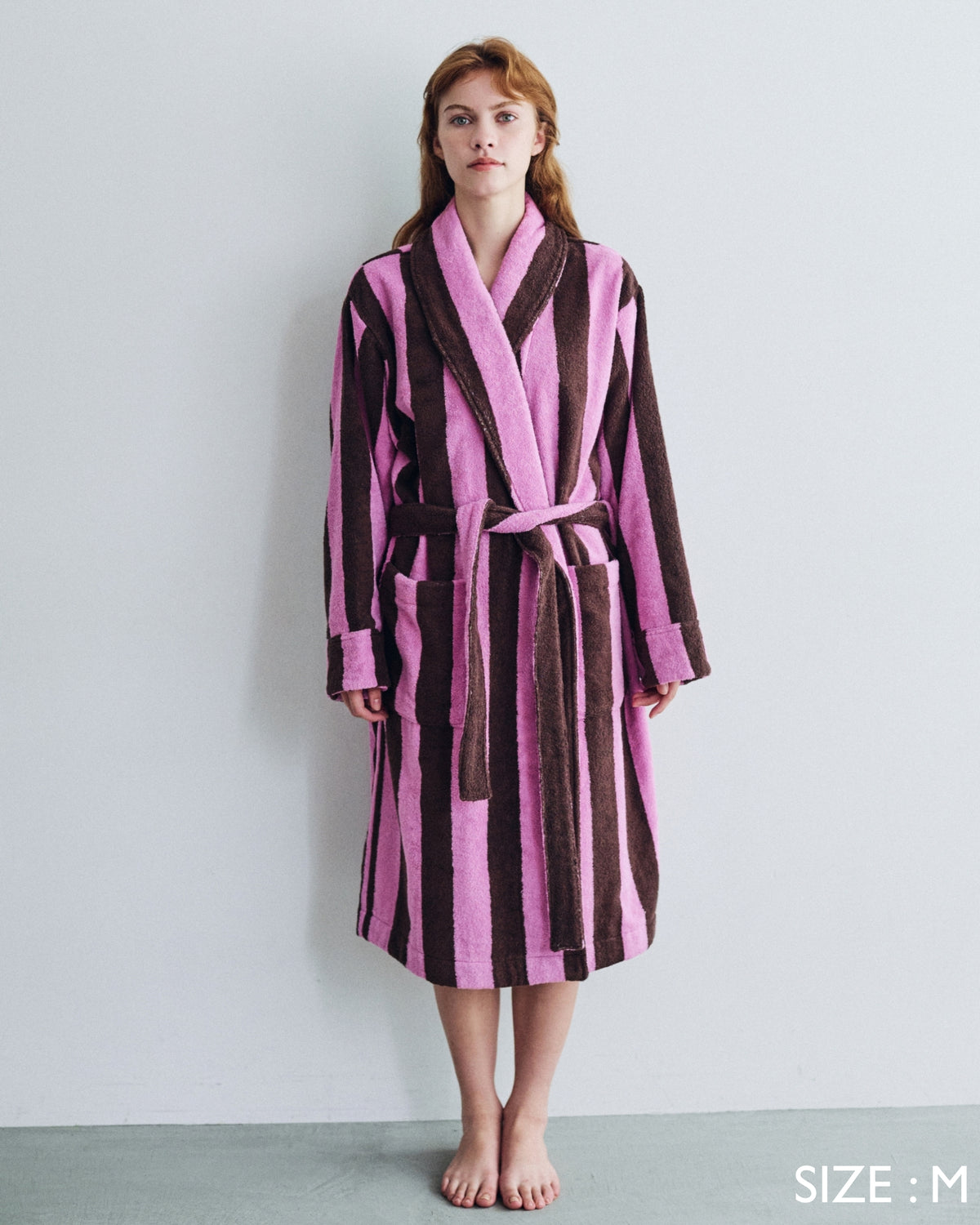 Imabari Towel Bathrobe Orchid Pink and Coffee Brown Stripes