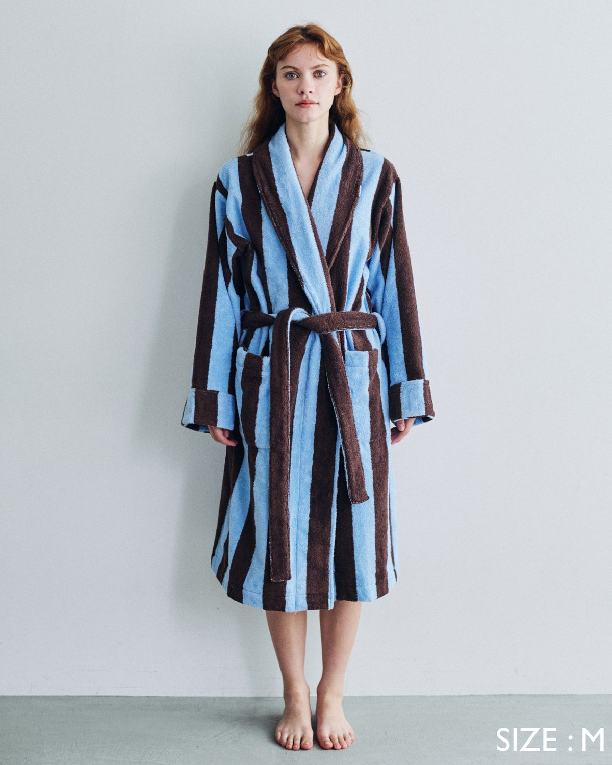 Imabari Towel Bathrobe Deep Sax Blue and Coffee Brown Stripes