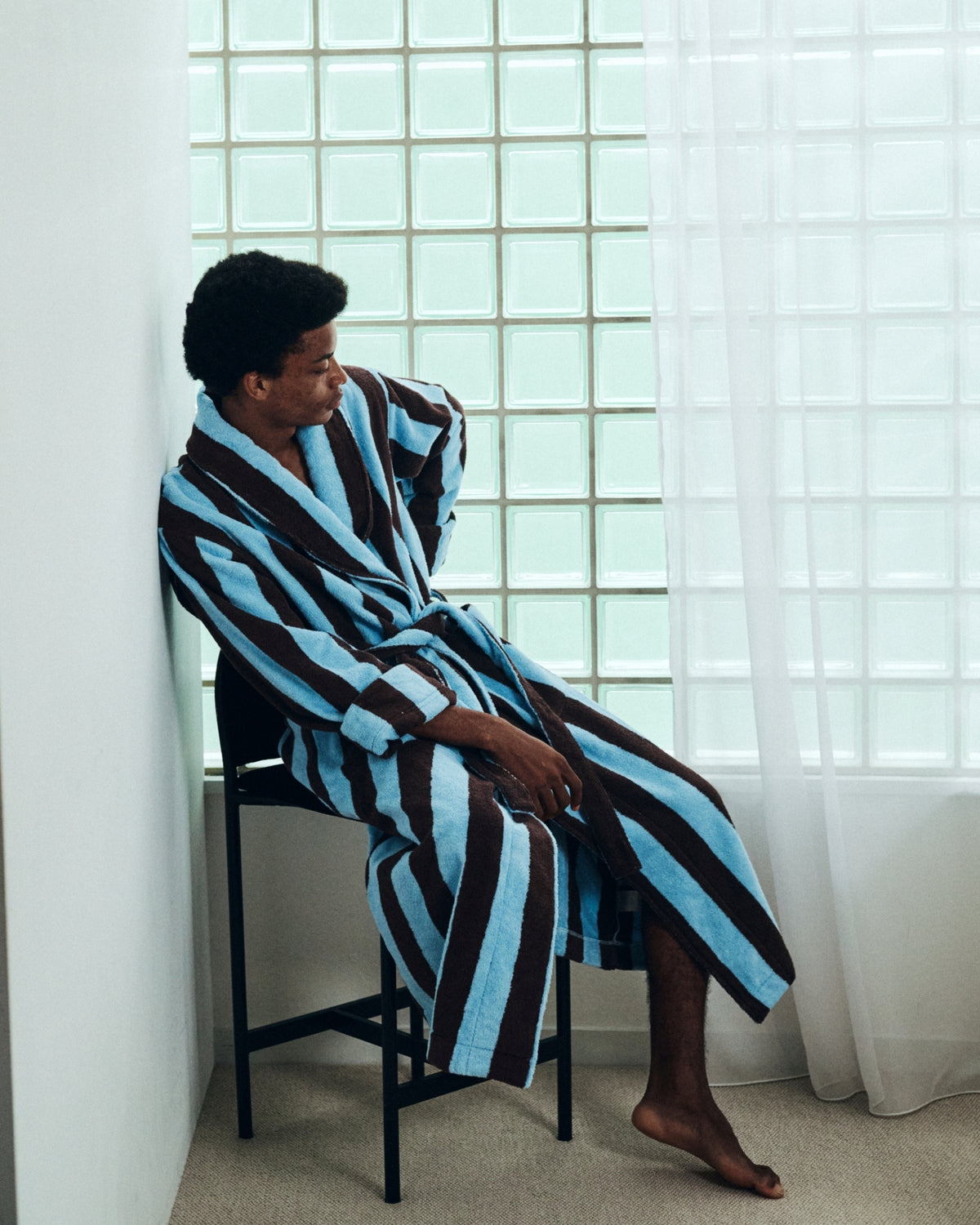 Imabari Towel Bathrobe Deep Sax Blue and Coffee Brown Stripes