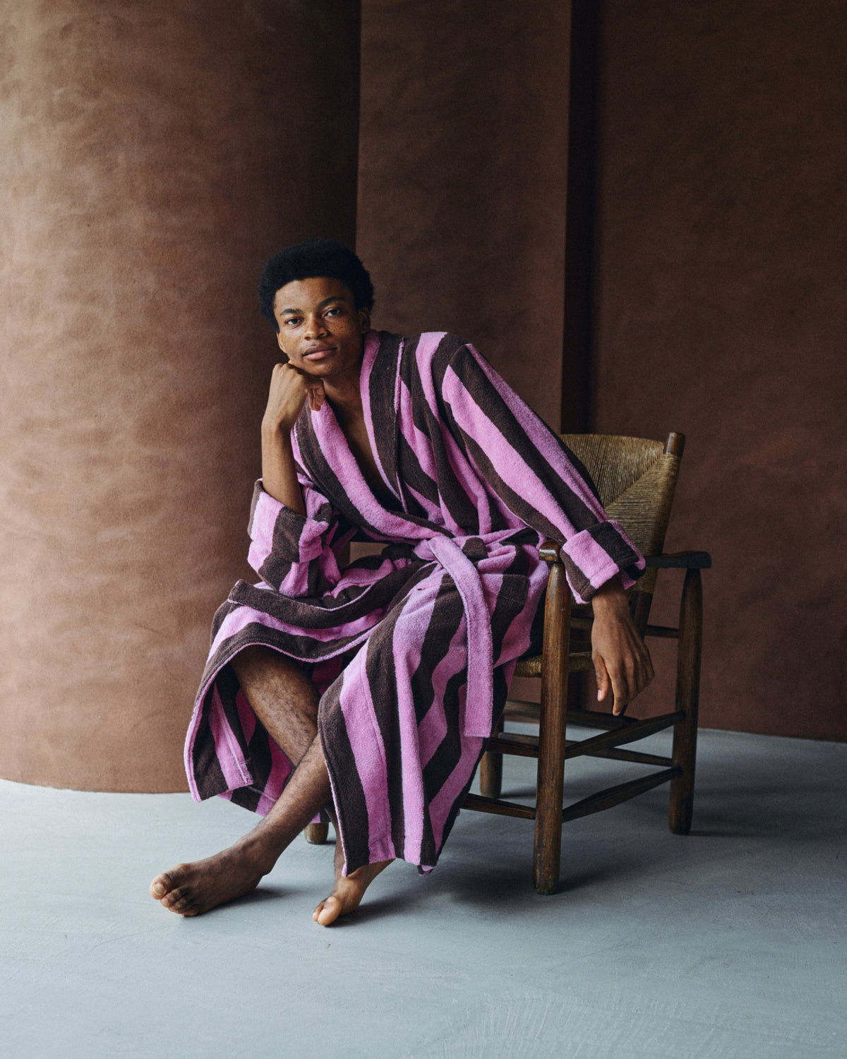 Imabari Towel Bathrobe Orchid Pink and Coffee Brown Stripes
