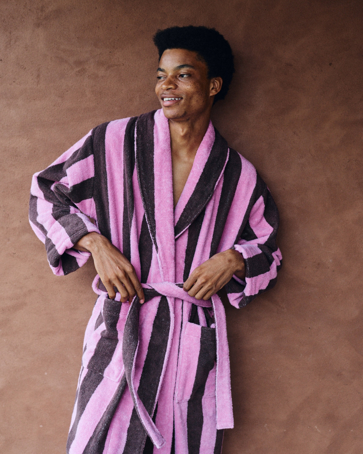 Imabari Towel Bathrobe Orchid Pink and Coffee Brown Stripes