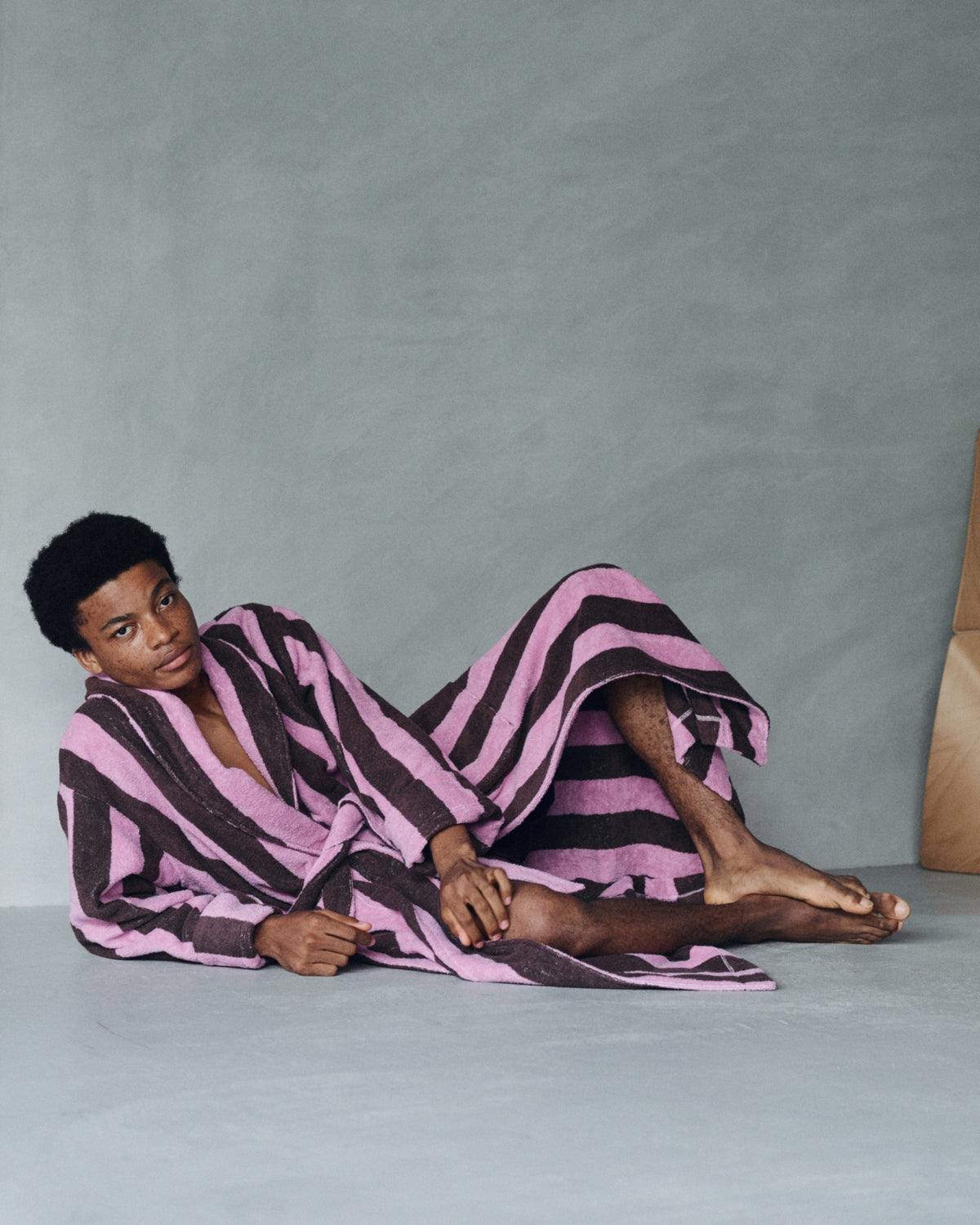Imabari Towel Bathrobe Orchid Pink and Coffee Brown Stripes