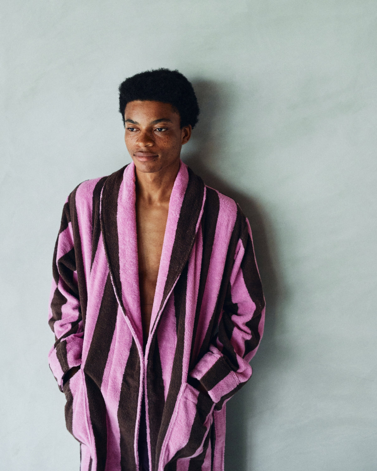Imabari Towel Bathrobe Orchid Pink and Coffee Brown Stripes