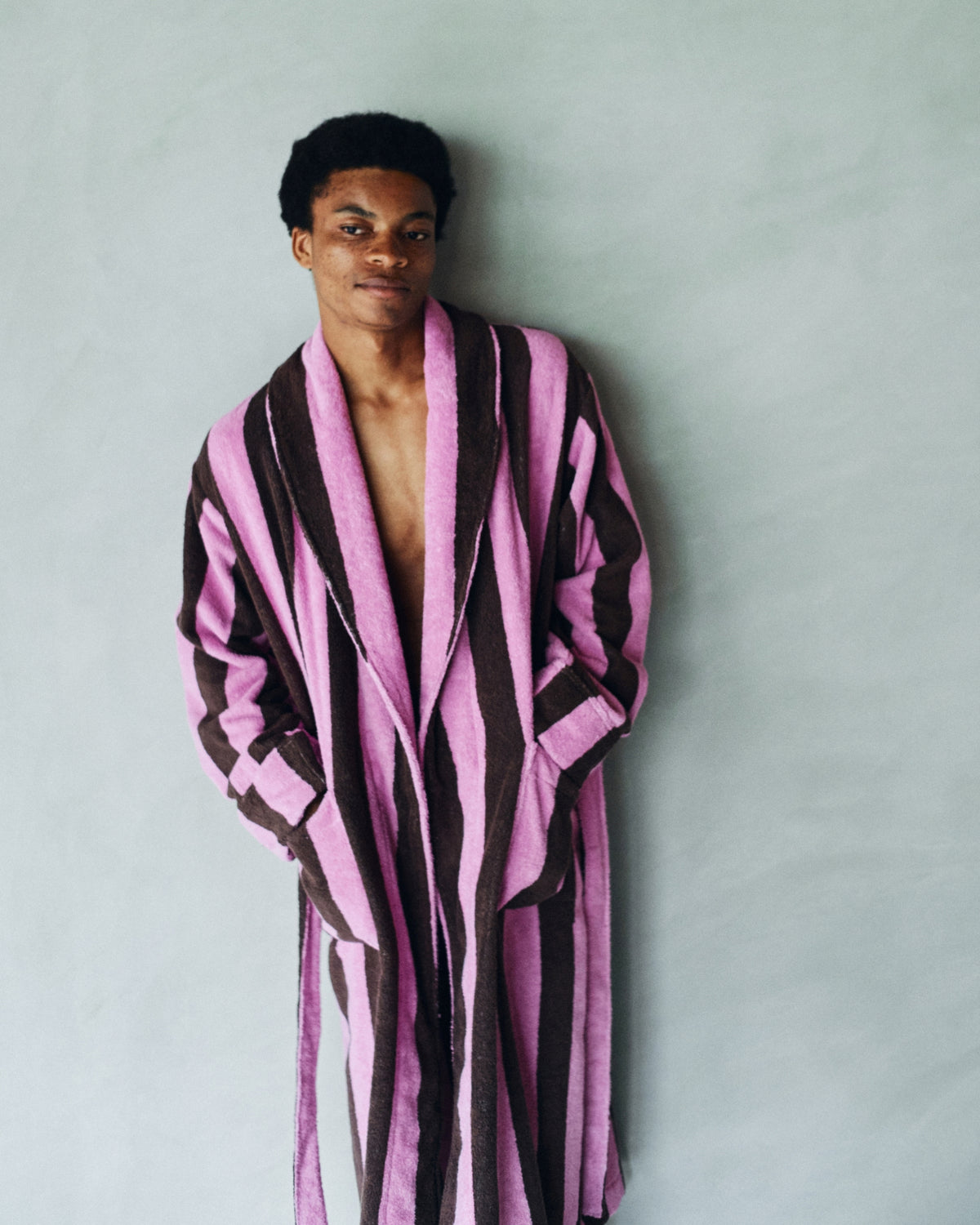 Imabari Towel Bathrobe Orchid Pink and Coffee Brown Stripes
