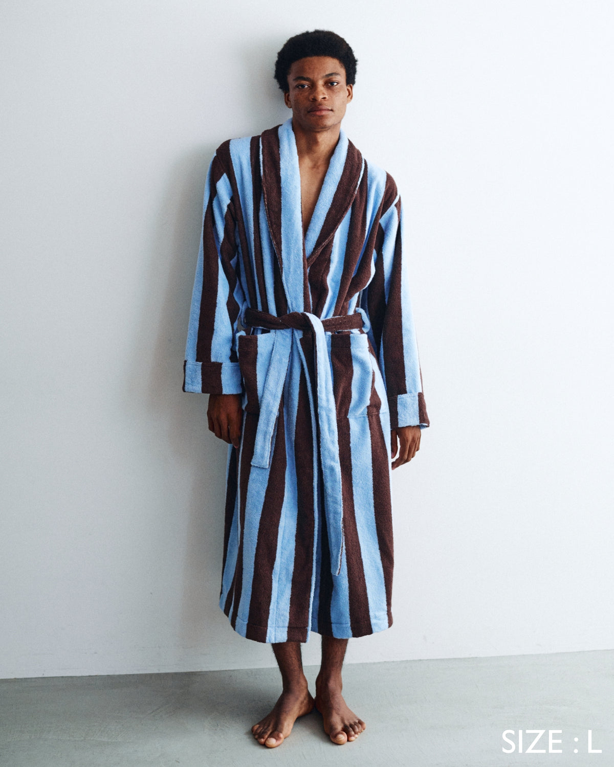 Imabari Towel Bathrobe Deep Sax Blue and Coffee Brown Stripes