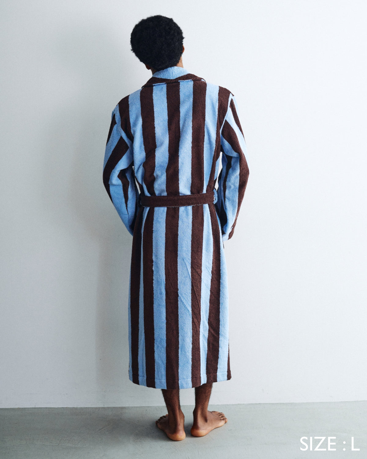 Imabari Towel Bathrobe Deep Sax Blue and Coffee Brown Stripes