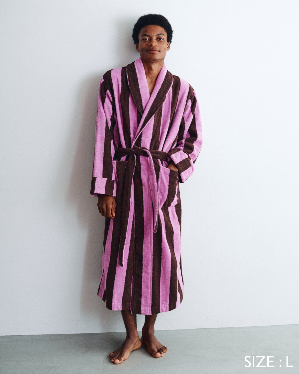Imabari Towel Bathrobe Orchid Pink and Coffee Brown Stripes