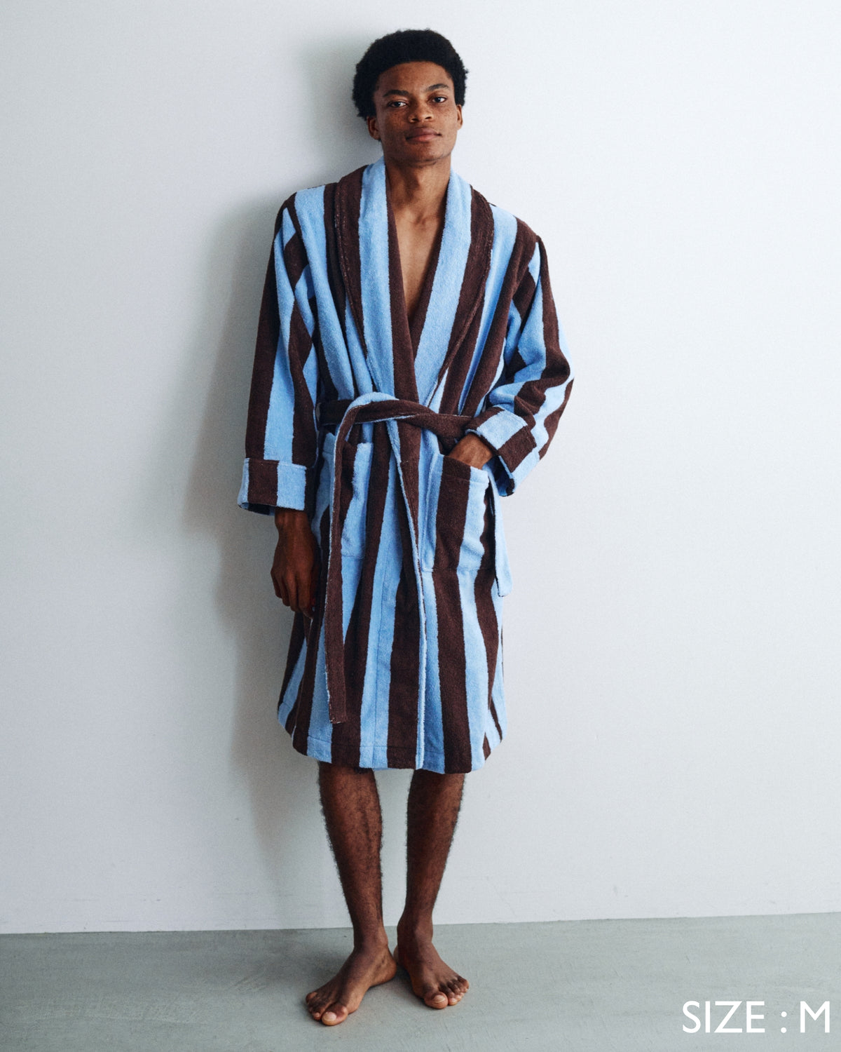 Imabari Towel Bathrobe Deep Sax Blue and Coffee Brown Stripes