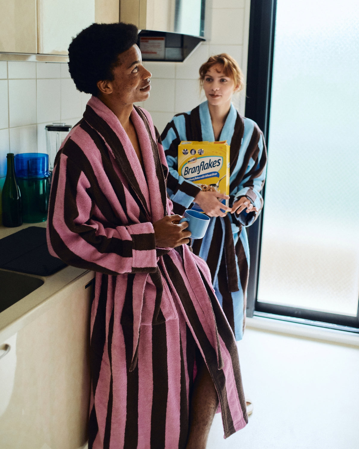 Imabari Towel Bathrobe Orchid Pink and Coffee Brown Stripes