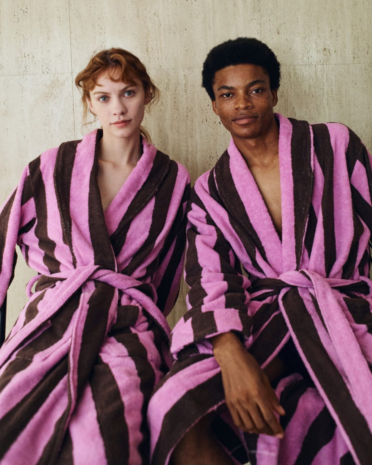 Imabari Towel Bathrobe Orchid Pink and Coffee Brown Stripes