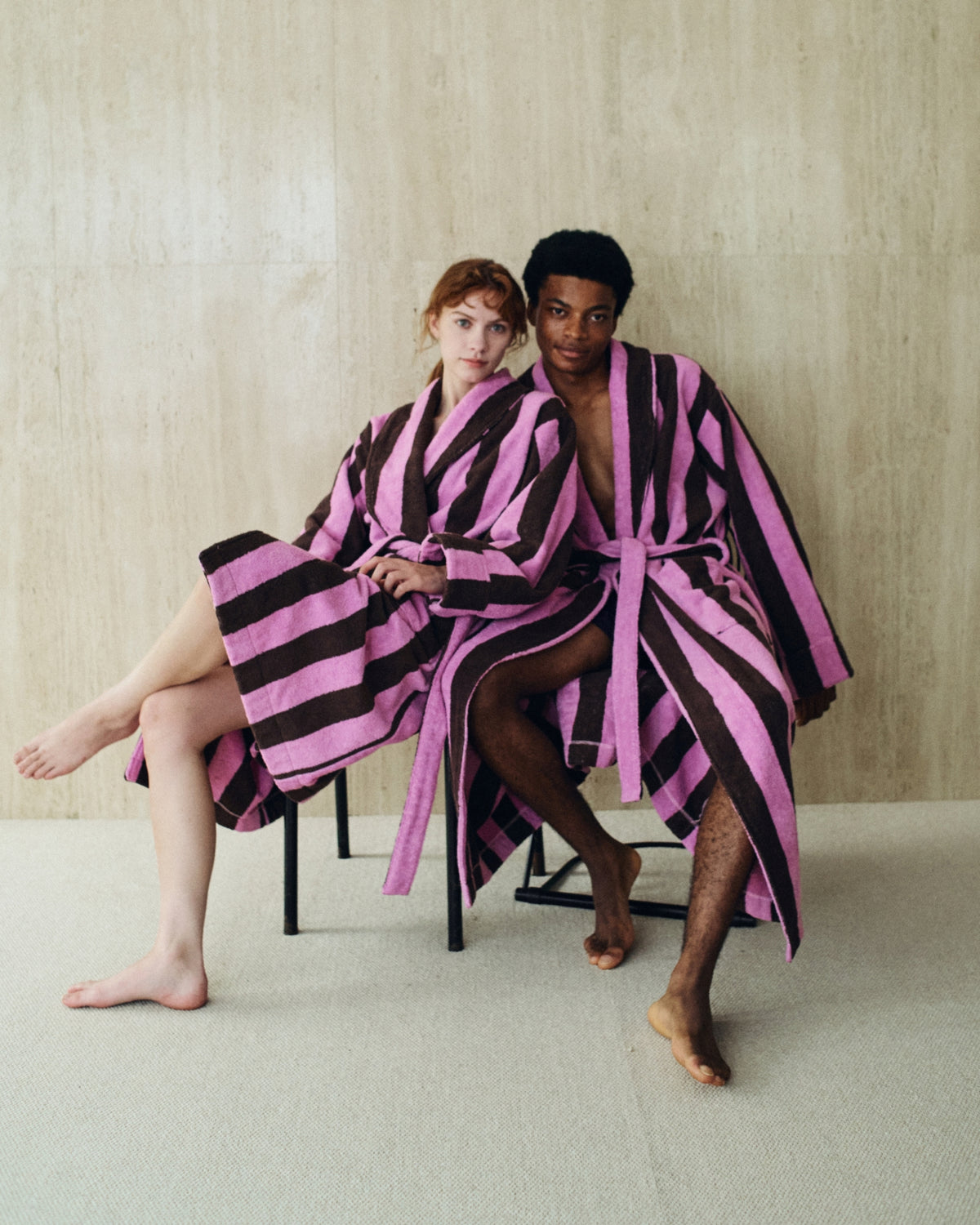 Imabari Towel Bathrobe Orchid Pink and Coffee Brown Stripes