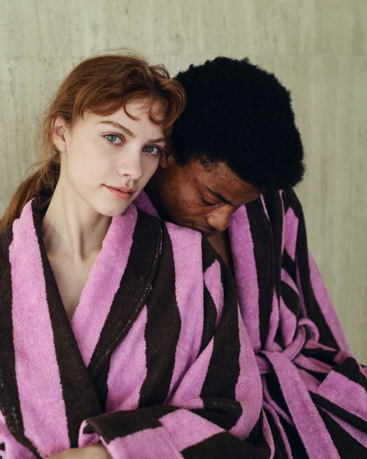 Imabari Towel Bathrobe Orchid Pink and Coffee Brown Stripes