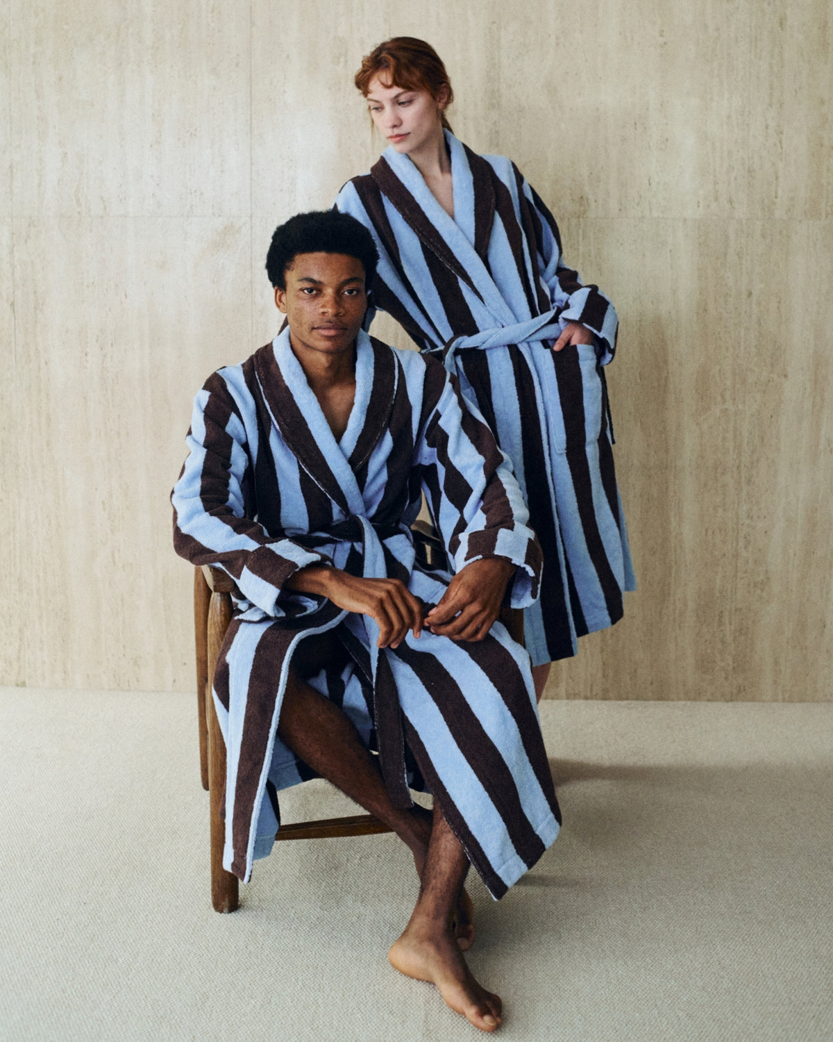Imabari Towel Bathrobe Deep Sax Blue and Coffee Brown Stripes