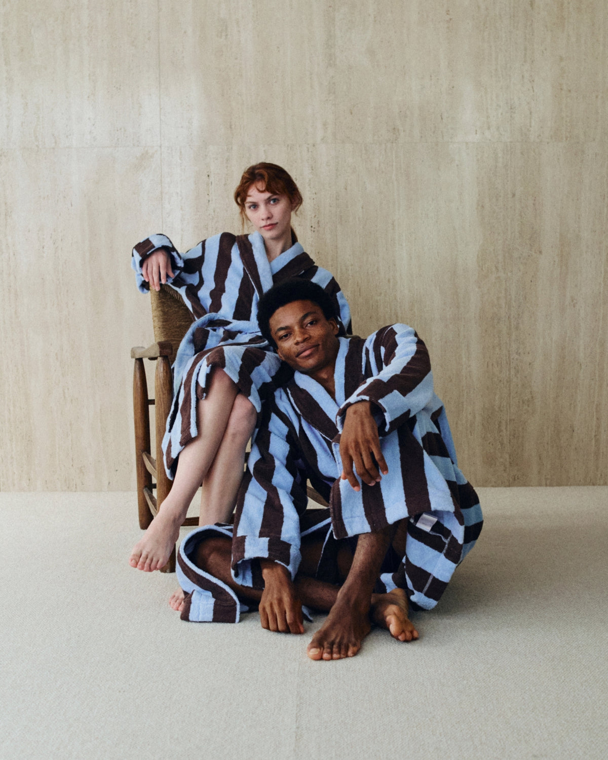 Imabari Towel Bathrobe Deep Sax Blue and Coffee Brown Stripes