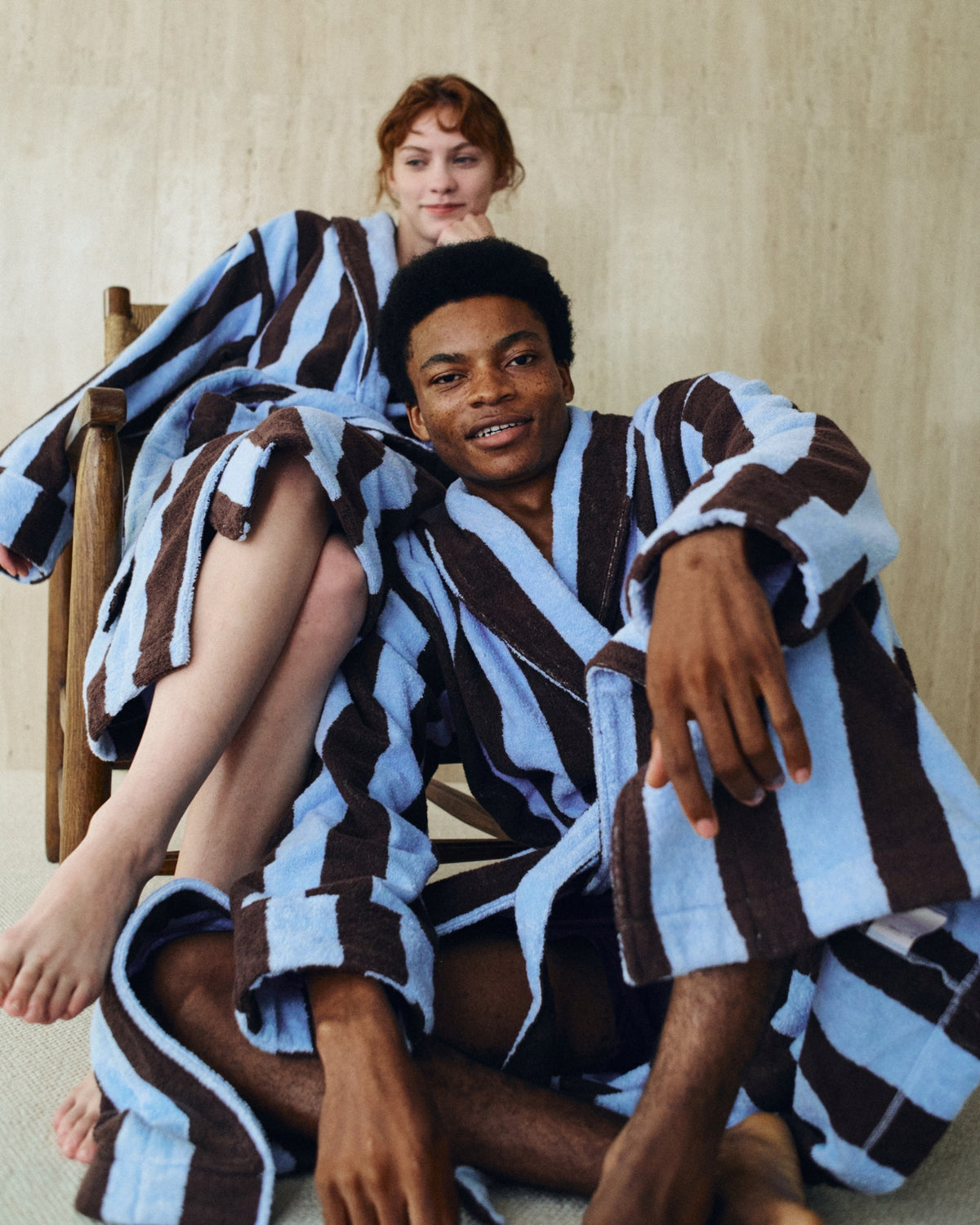 Imabari Towel Bathrobe Deep Sax Blue and Coffee Brown Stripes