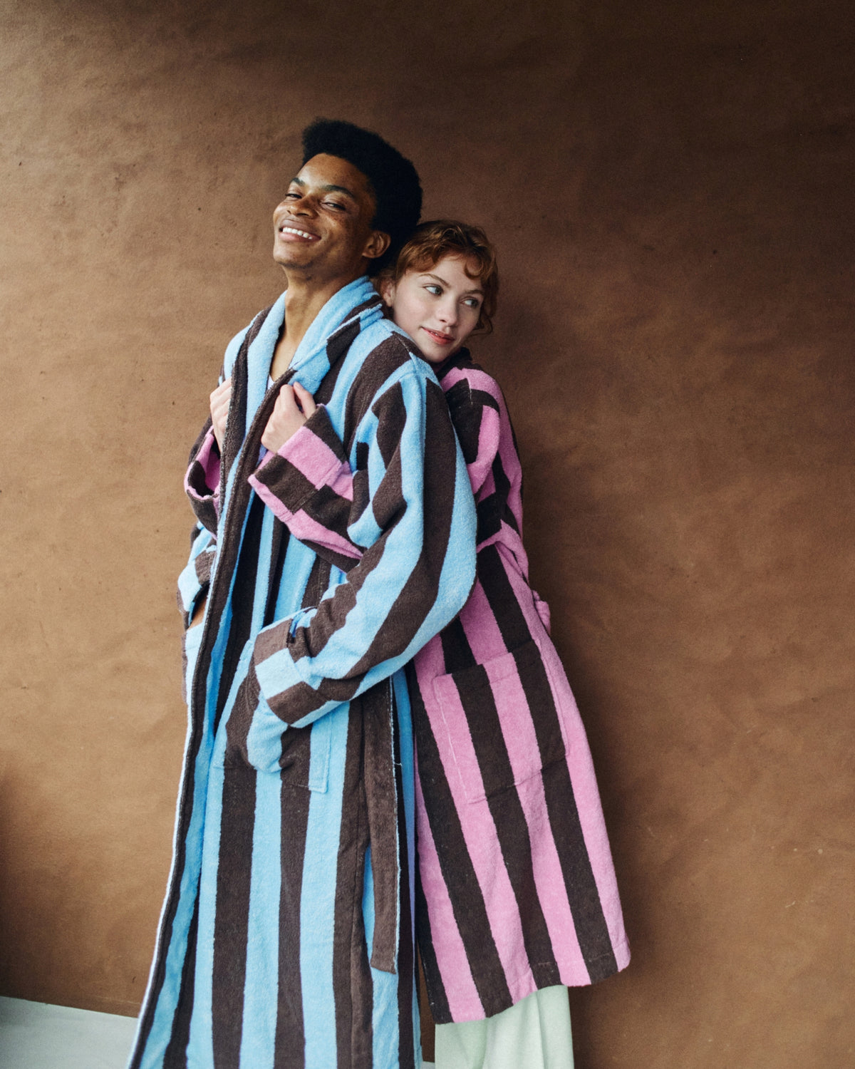 Imabari Towel Bathrobe Orchid Pink and Coffee Brown Stripes