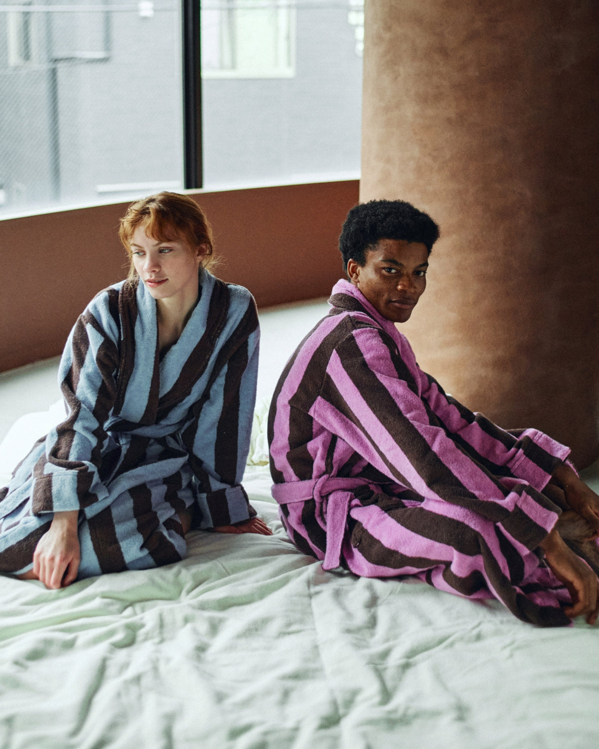 Imabari Towel Bathrobe Orchid Pink and Coffee Brown Stripes