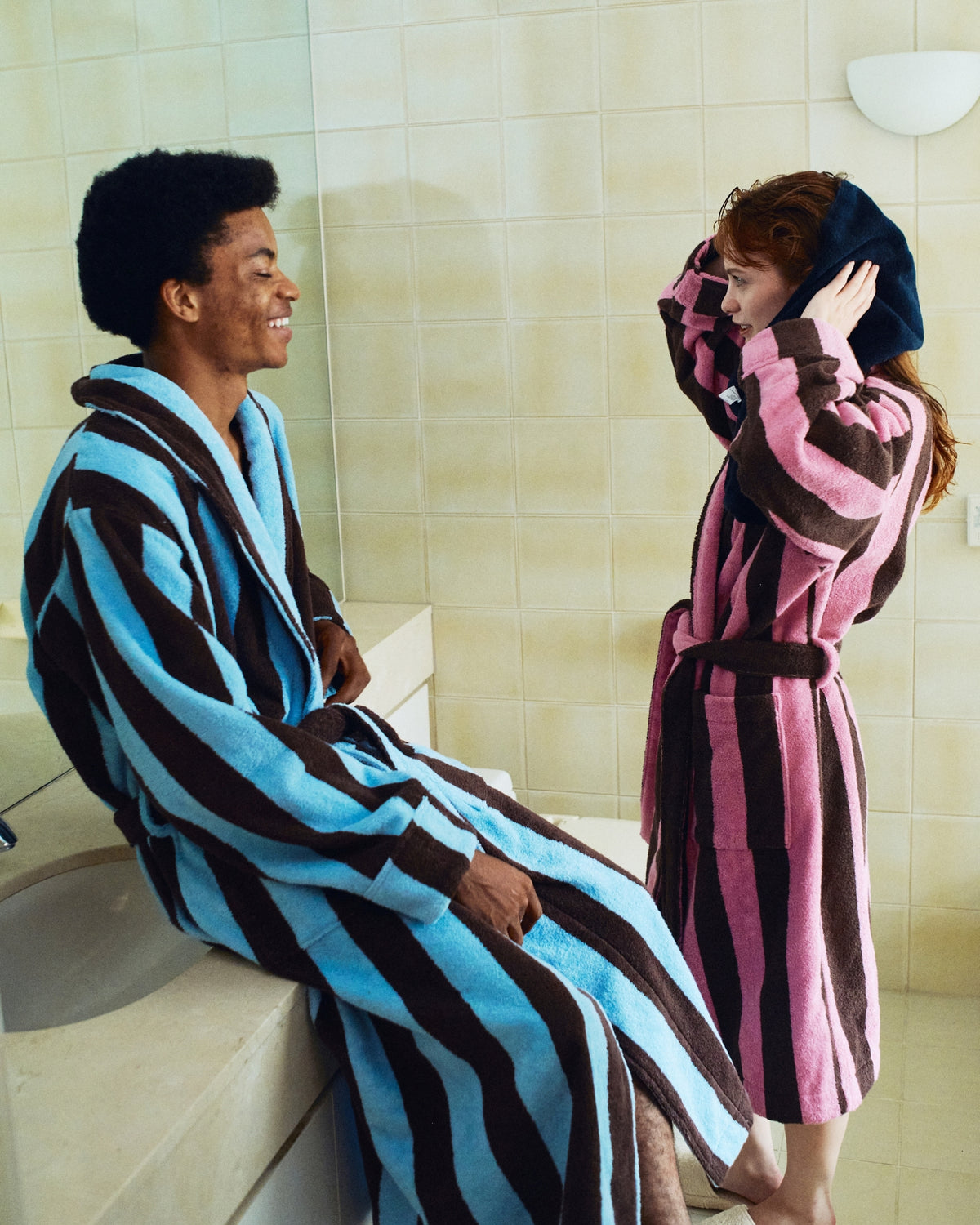 Imabari Towel Bathrobe Orchid Pink and Coffee Brown Stripes