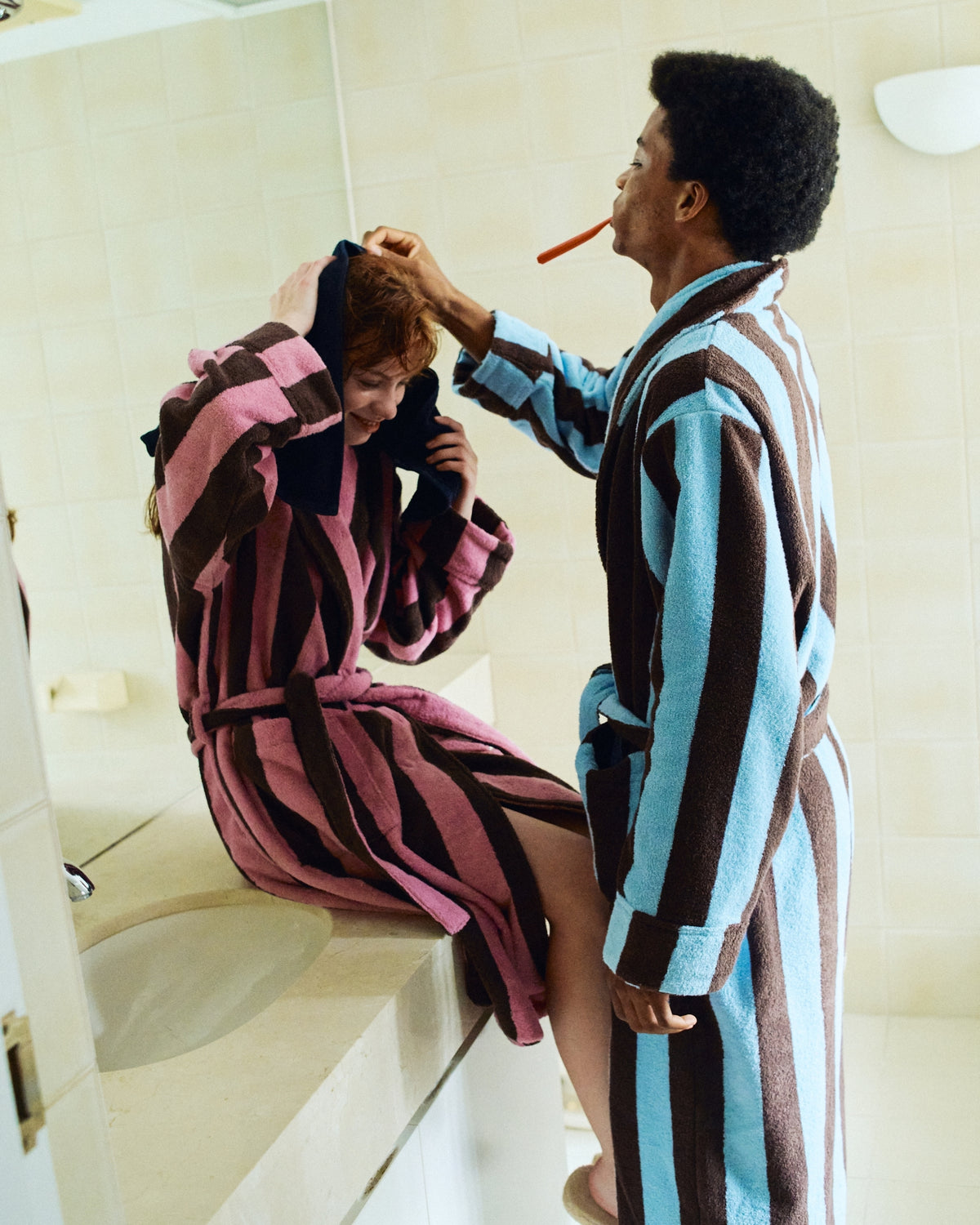 Imabari Towel Bathrobe Orchid Pink and Coffee Brown Stripes