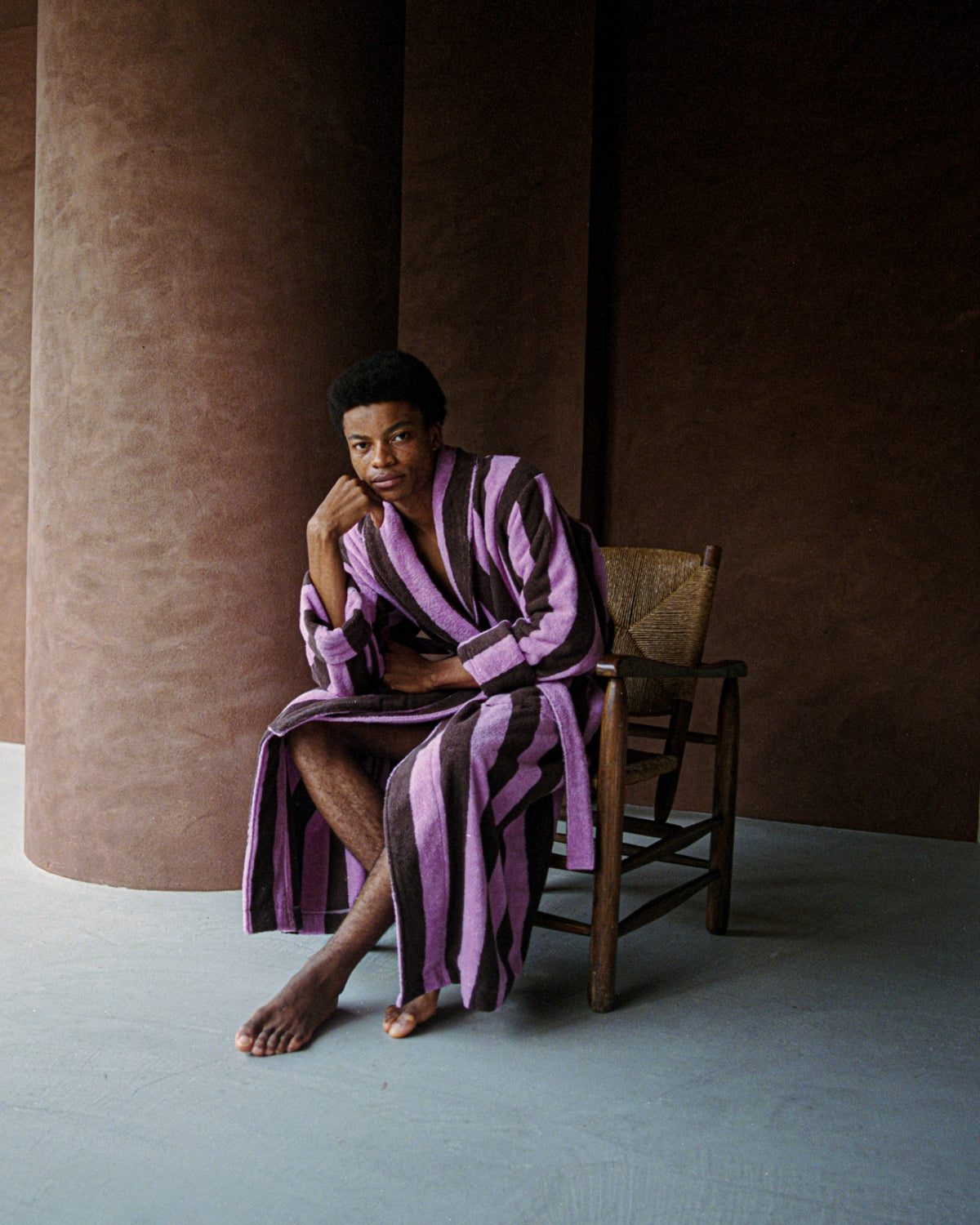Imabari Towel Bathrobe Orchid Pink and Coffee Brown Stripes