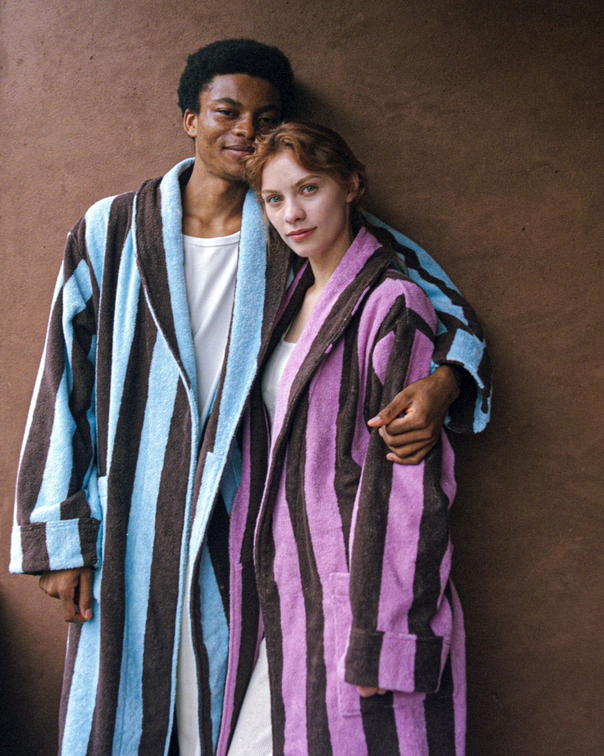 Imabari Towel Bathrobe Orchid Pink and Coffee Brown Stripes