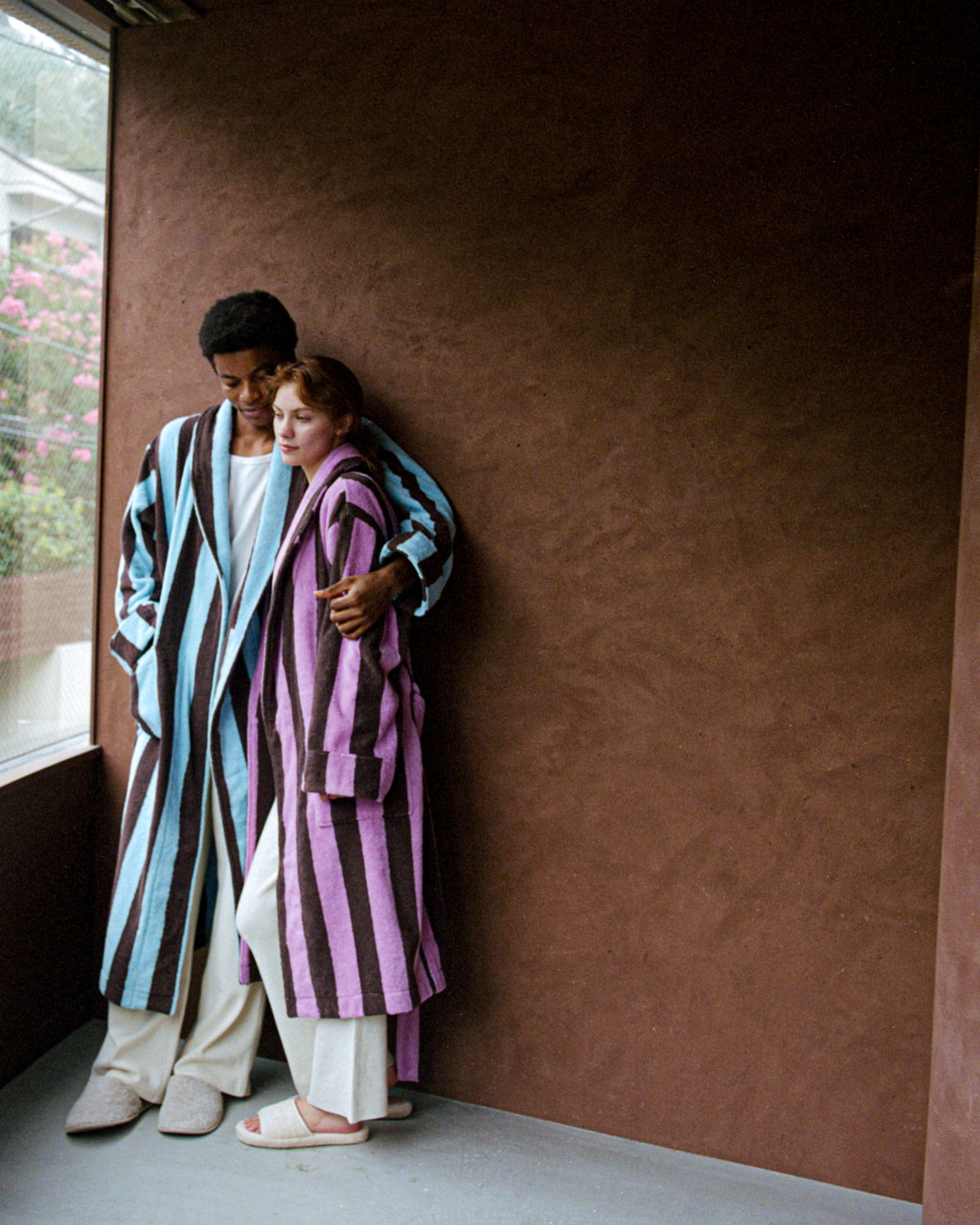 Imabari Towel Bathrobe Orchid Pink and Coffee Brown Stripes