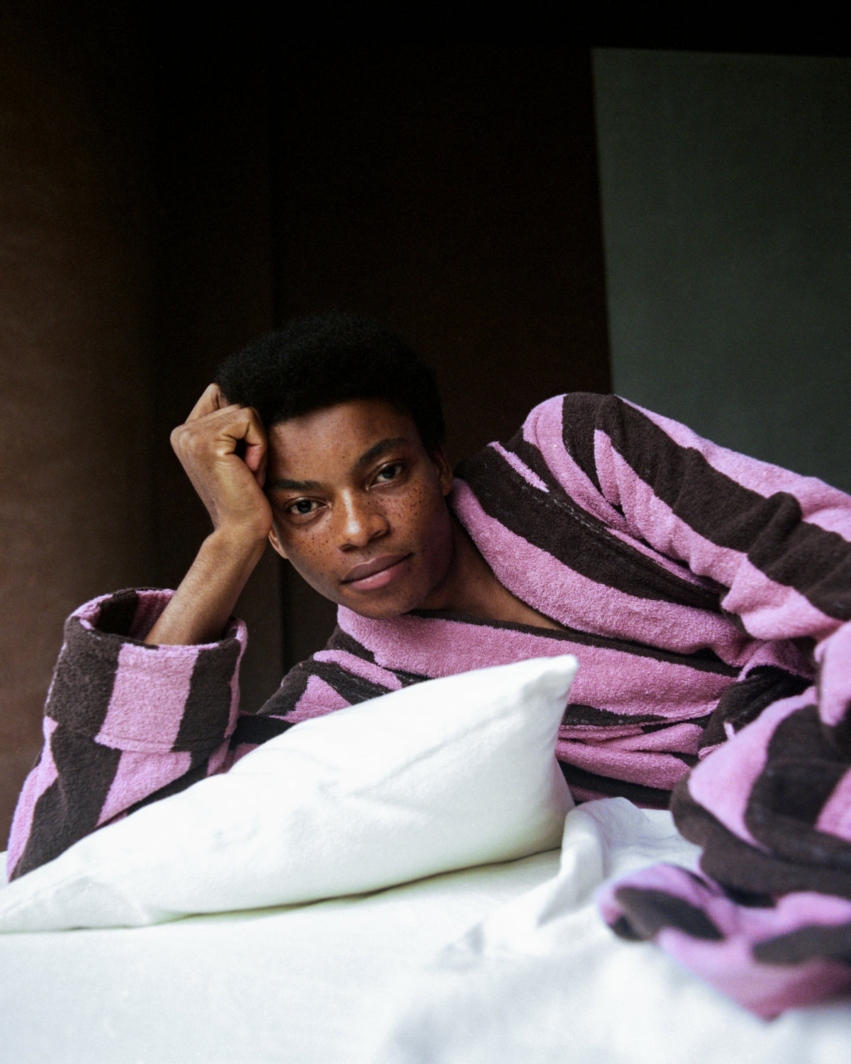 Imabari Towel Bathrobe Orchid Pink and Coffee Brown Stripes
