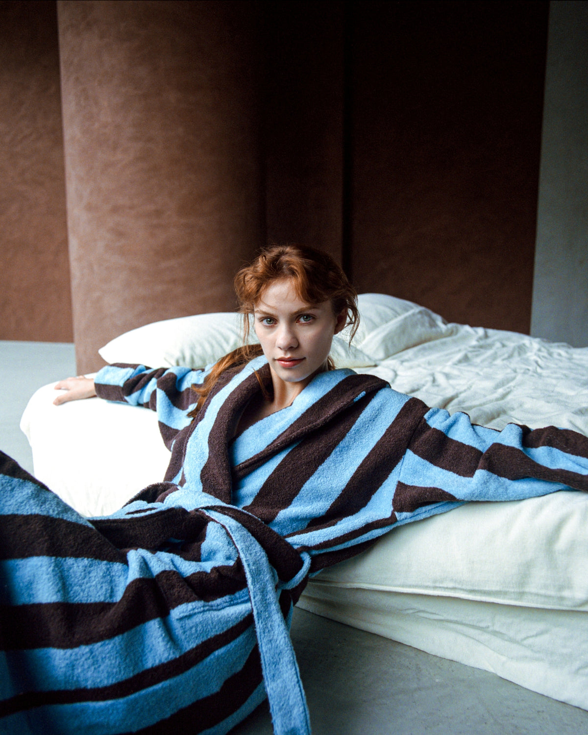 Imabari Towel Bathrobe Deep Sax Blue and Coffee Brown Stripes