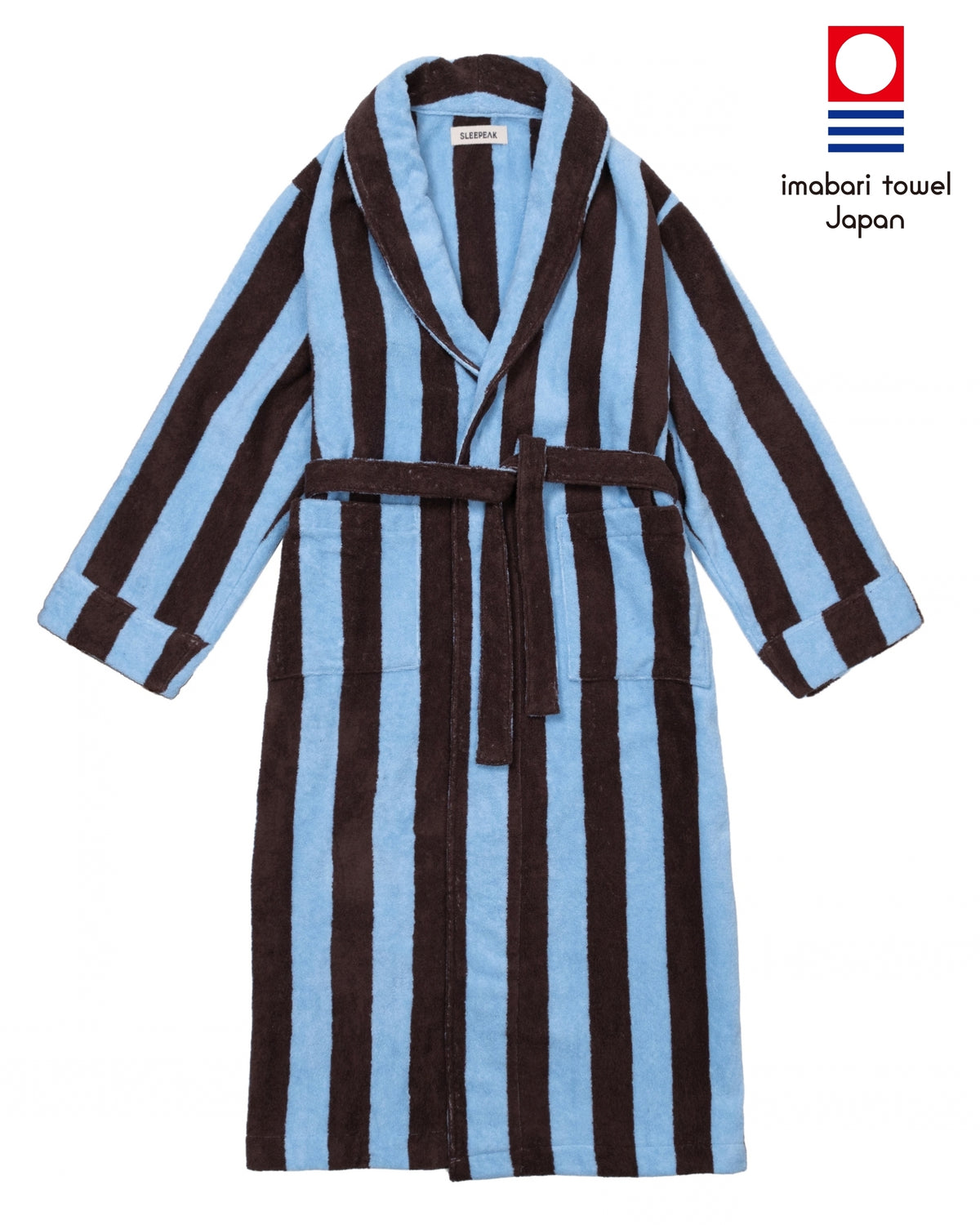 Imabari Towel Bathrobe Deep Sax Blue and Coffee Brown Stripes