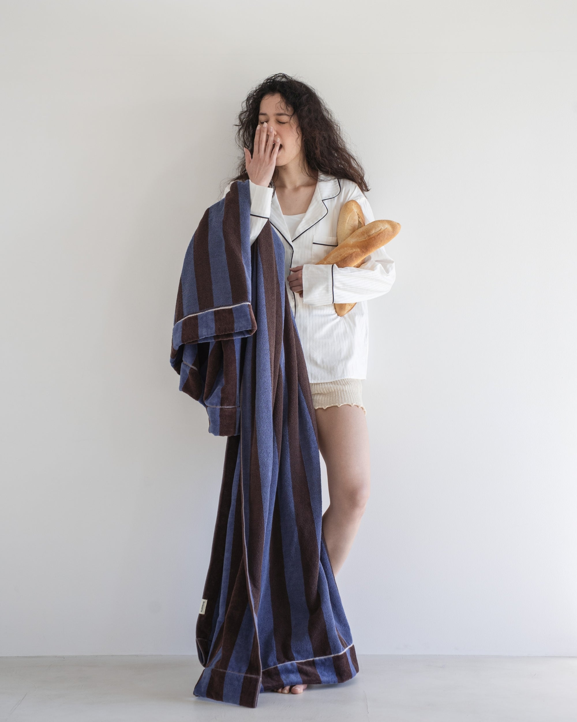 Imabari Towel Stripe Blanket Coffee Brown and Midnight Blue