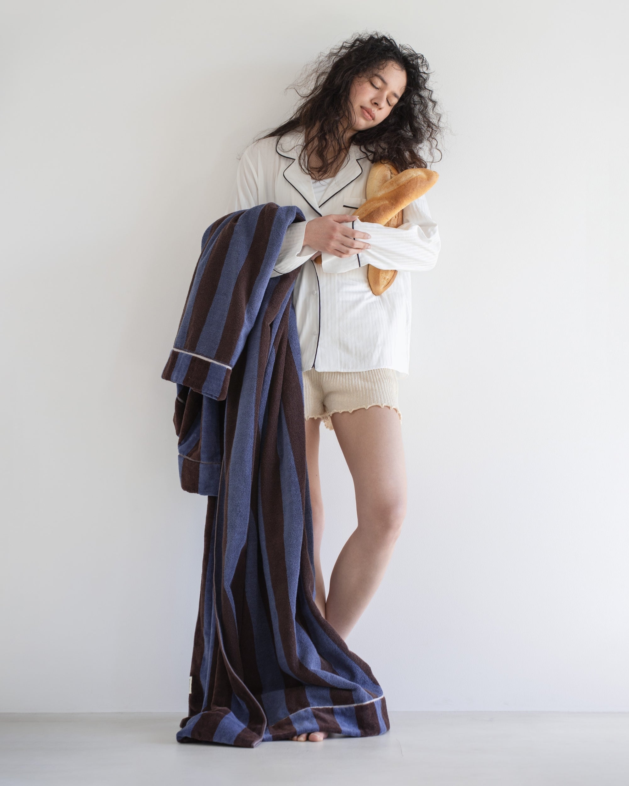 Imabari Towel Stripe Blanket Coffee Brown and Midnight Blue Stripes