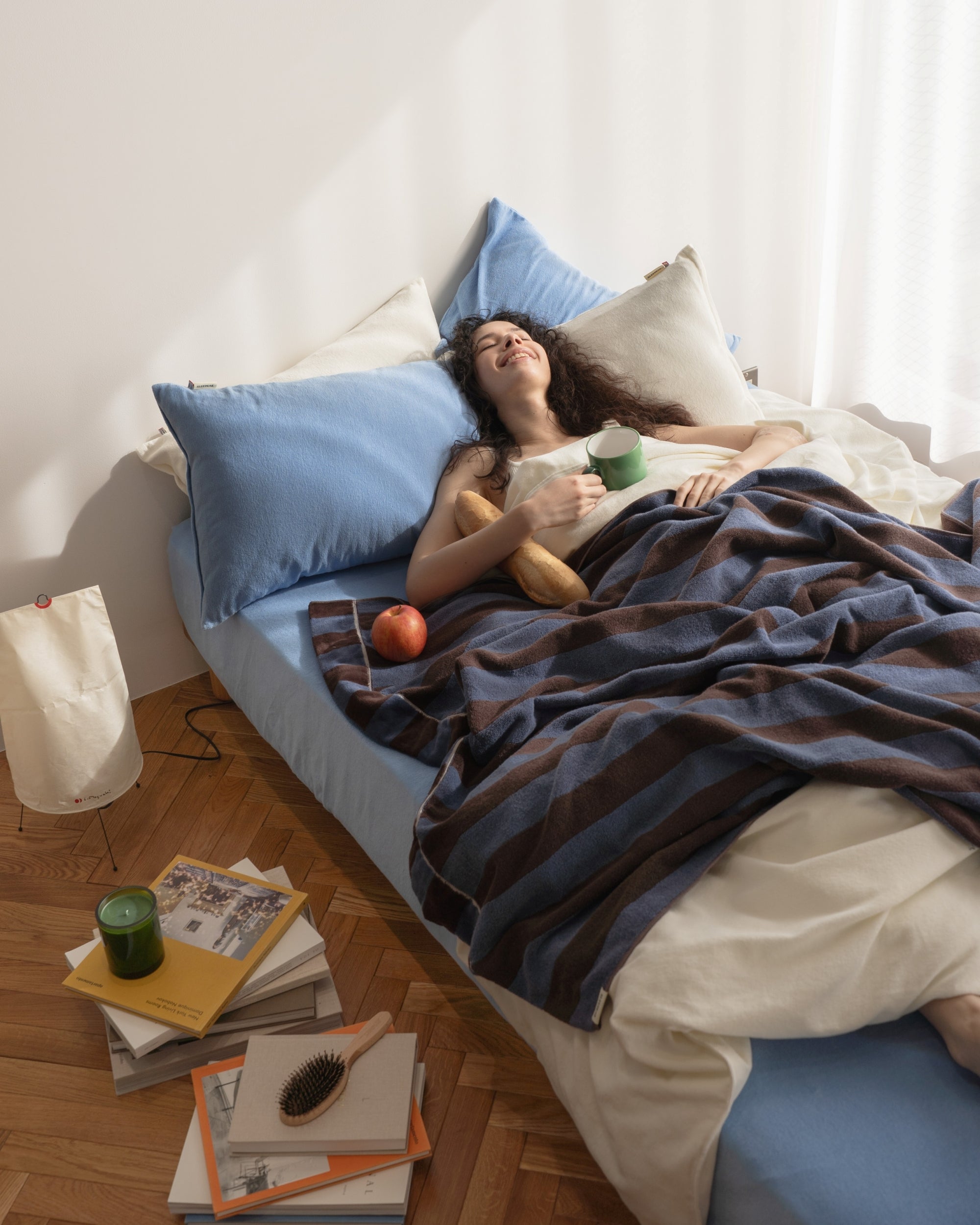 Imabari Towel Stripe Blanket Coffee Brown and Midnight Blue Stripes