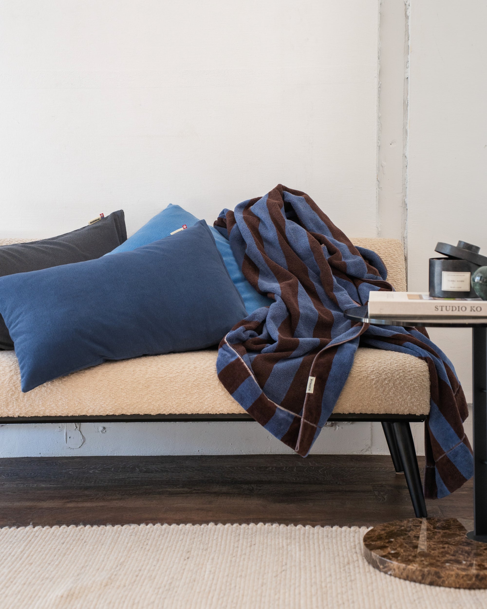 Imabari Towel Stripe Blanket Coffee Brown and Midnight Blue Stripes